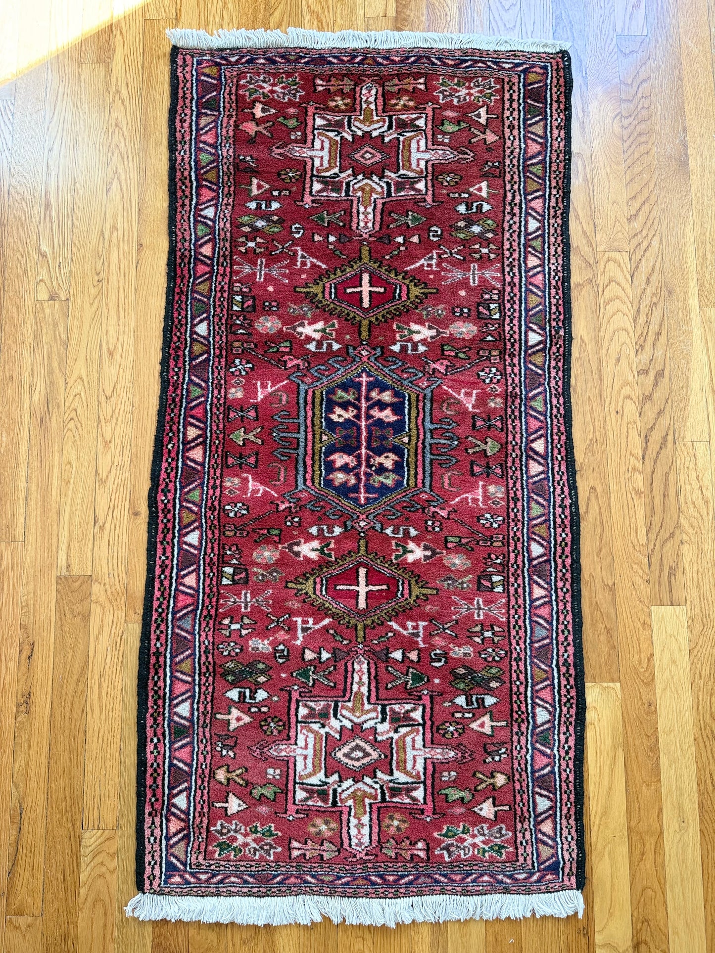 1004 | Ridiculous Reds: Antique 1930's Persian Karaja with Five Tribal Medallions, Emerald Pops & Cream Accents | 2.4 x 4.9