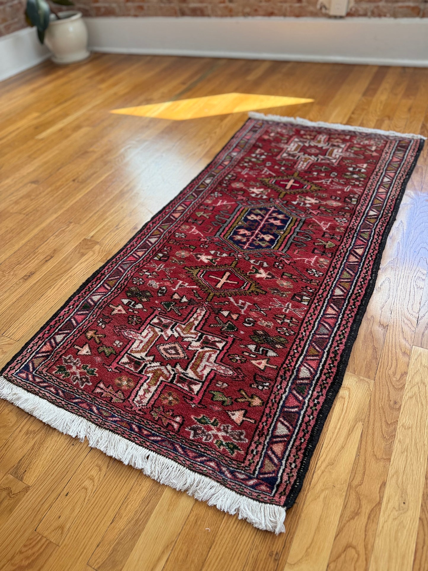 1004 | Ridiculous Reds: Antique 1930's Persian Karaja with Five Tribal Medallions, Emerald Pops & Cream Accents | 2.4 x 4.9