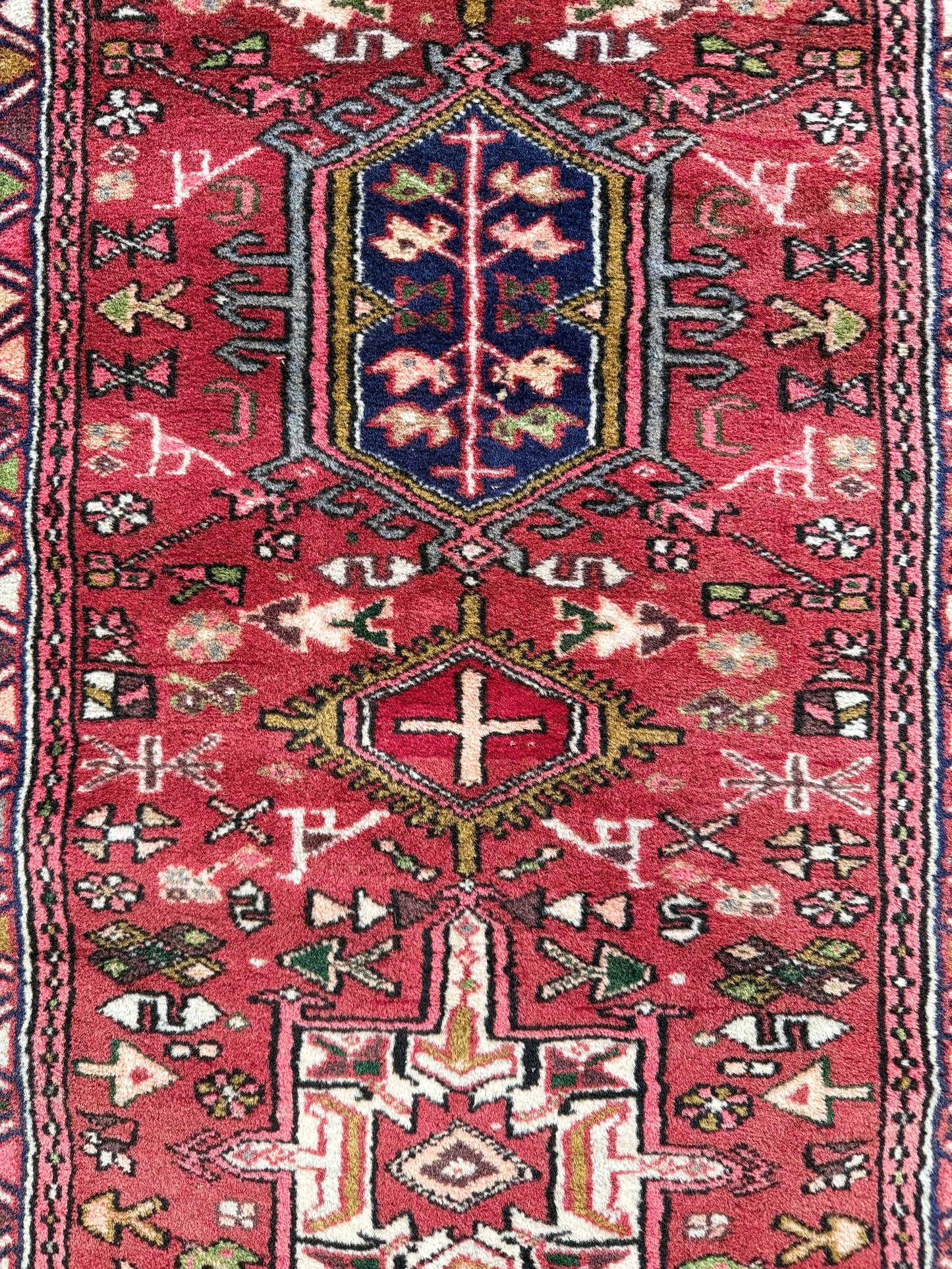 1004 | Ridiculous Reds: Antique 1930's Persian Karaja with Five Tribal Medallions, Emerald Pops & Cream Accents | 2.4 x 4.9
