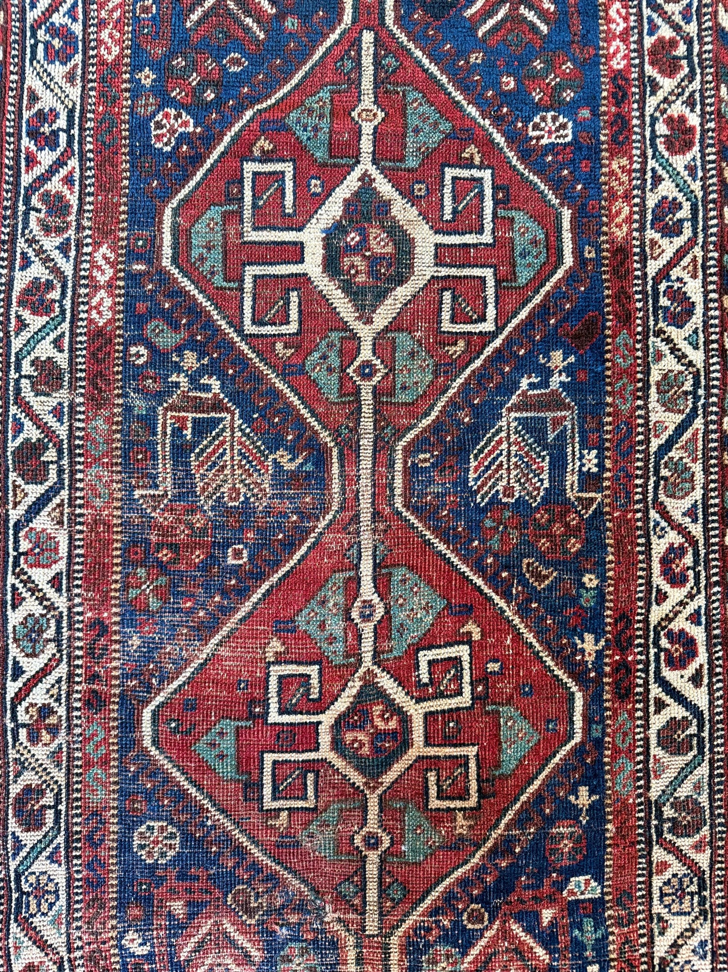 1006 | Striking Antique Caucasian Kuba in Deep Indigo Blue with Fiery Red Medallions & Colorful Tribal Borders | 2.9 x 4.6