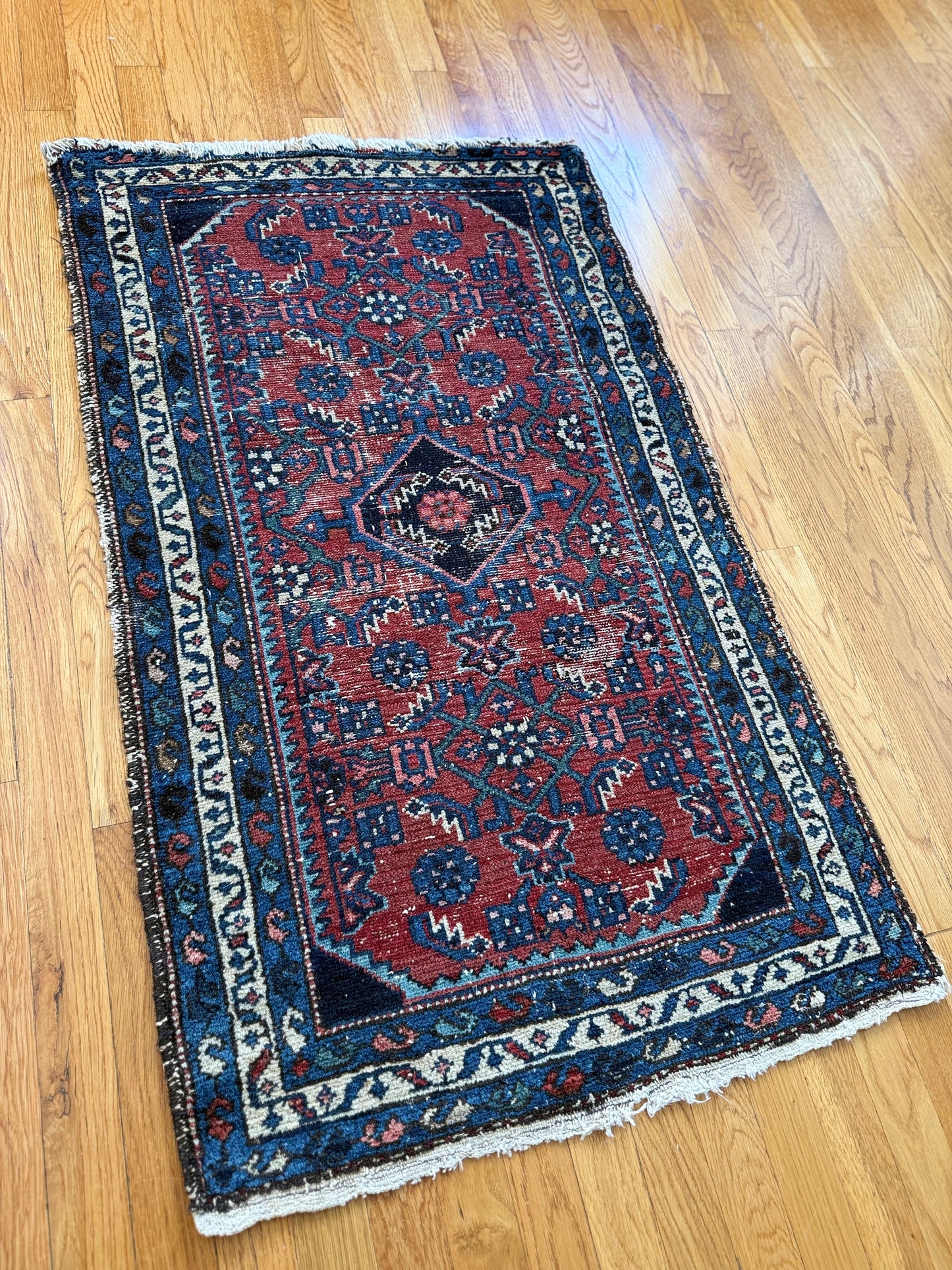 1008 | RARE Deep Blue Antique Baluch with Fiery Red Field; Jewel-Tone Blues | 2.3 x 3.10