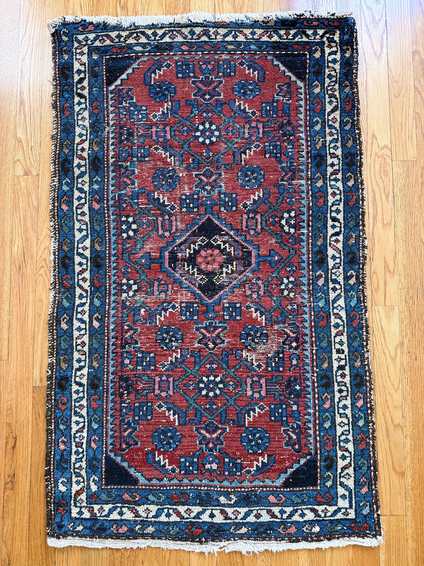 1008 | RARE Deep Blue Antique Baluch with Fiery Red Field; Jewel-Tone Blues | 2.3 x 3.10