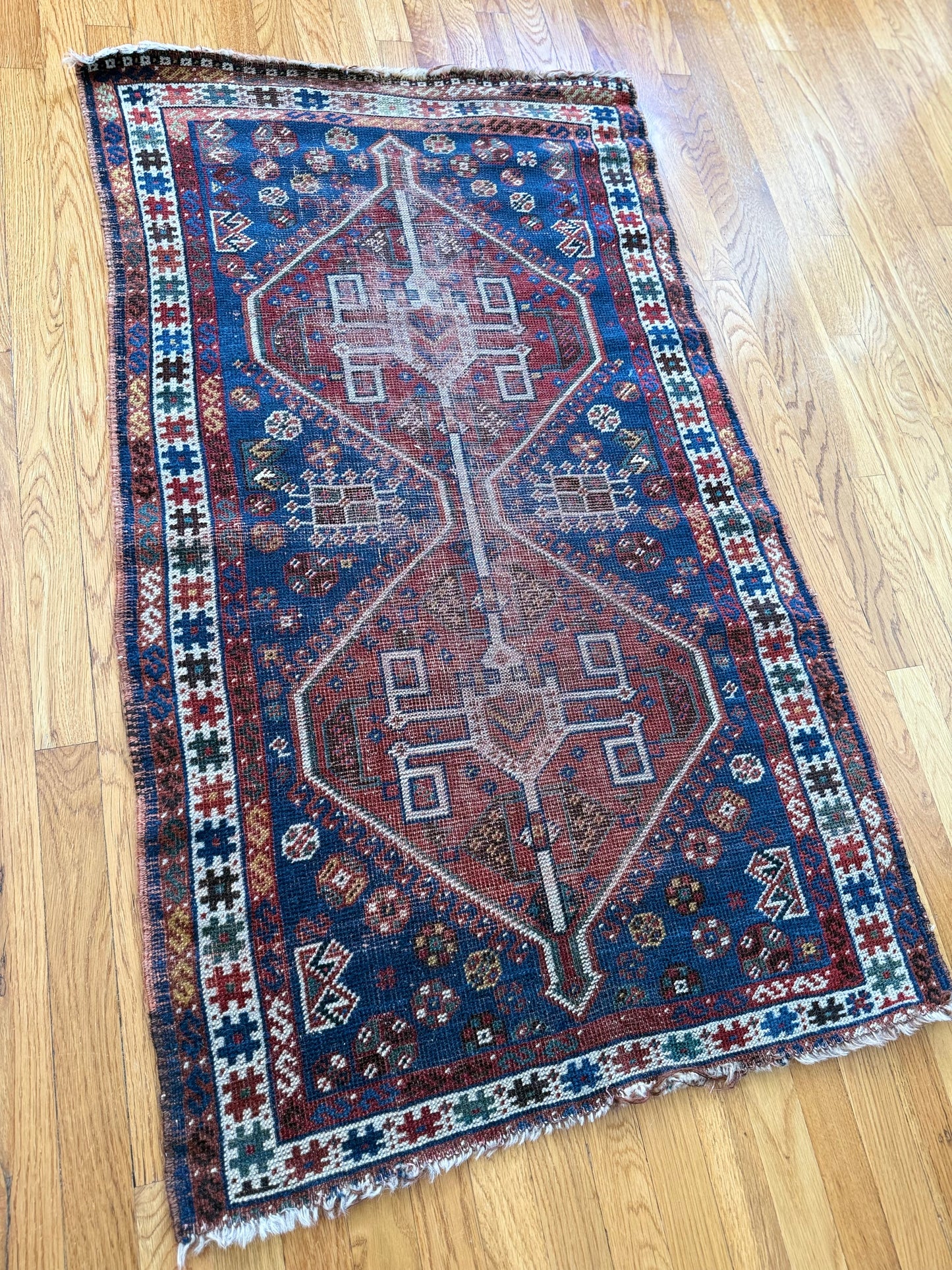 1009 | Aged Persian Hamadan with Deep Navy Field & Bold Tribal Medallions | 2.7 x 4.6