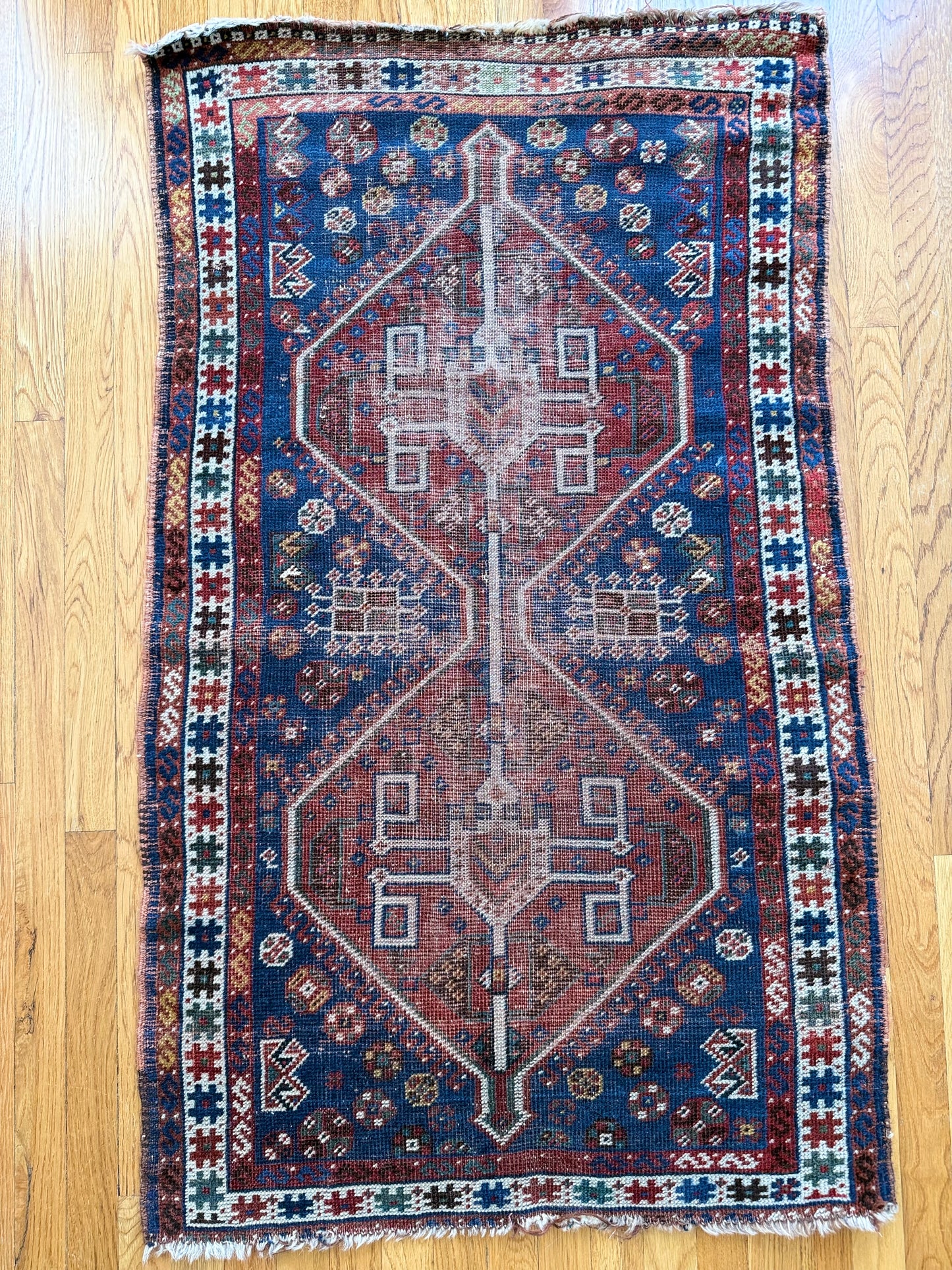 1009 | Aged Persian Hamadan with Deep Navy Field & Bold Tribal Medallions | 2.7 x 4.6