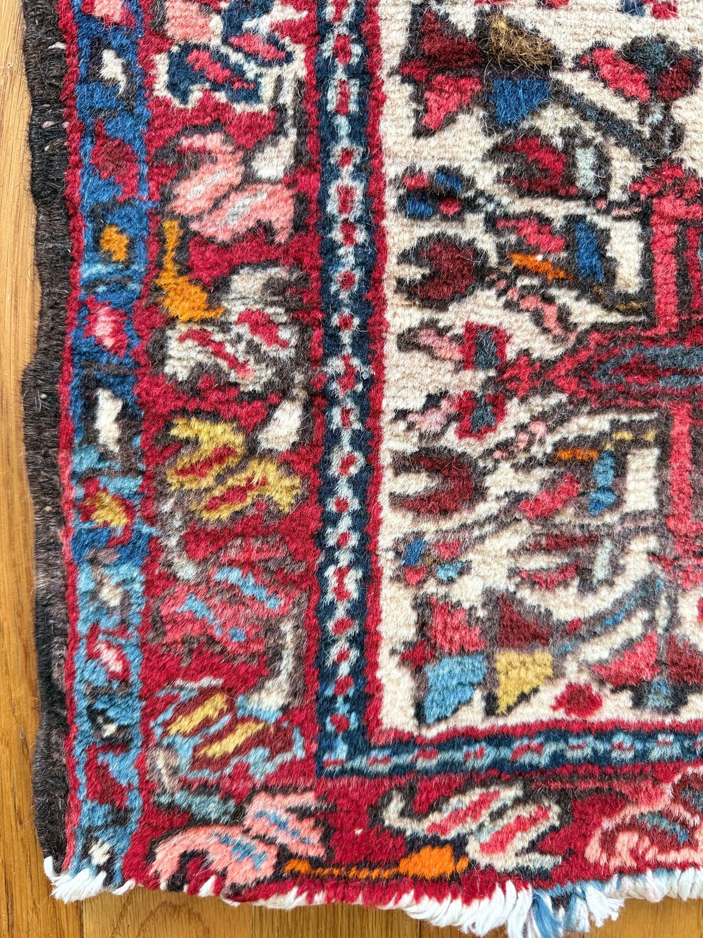 1013 | Bright & Colorful Antique Persian Karaja with Ivory Field & Deep Red Medallion | 2.0 x 2.9