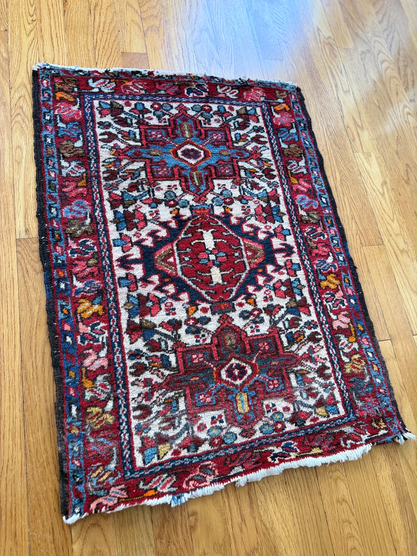 1013 | Bright & Colorful Antique Persian Karaja with Ivory Field & Deep Red Medallion | 2.0 x 2.9