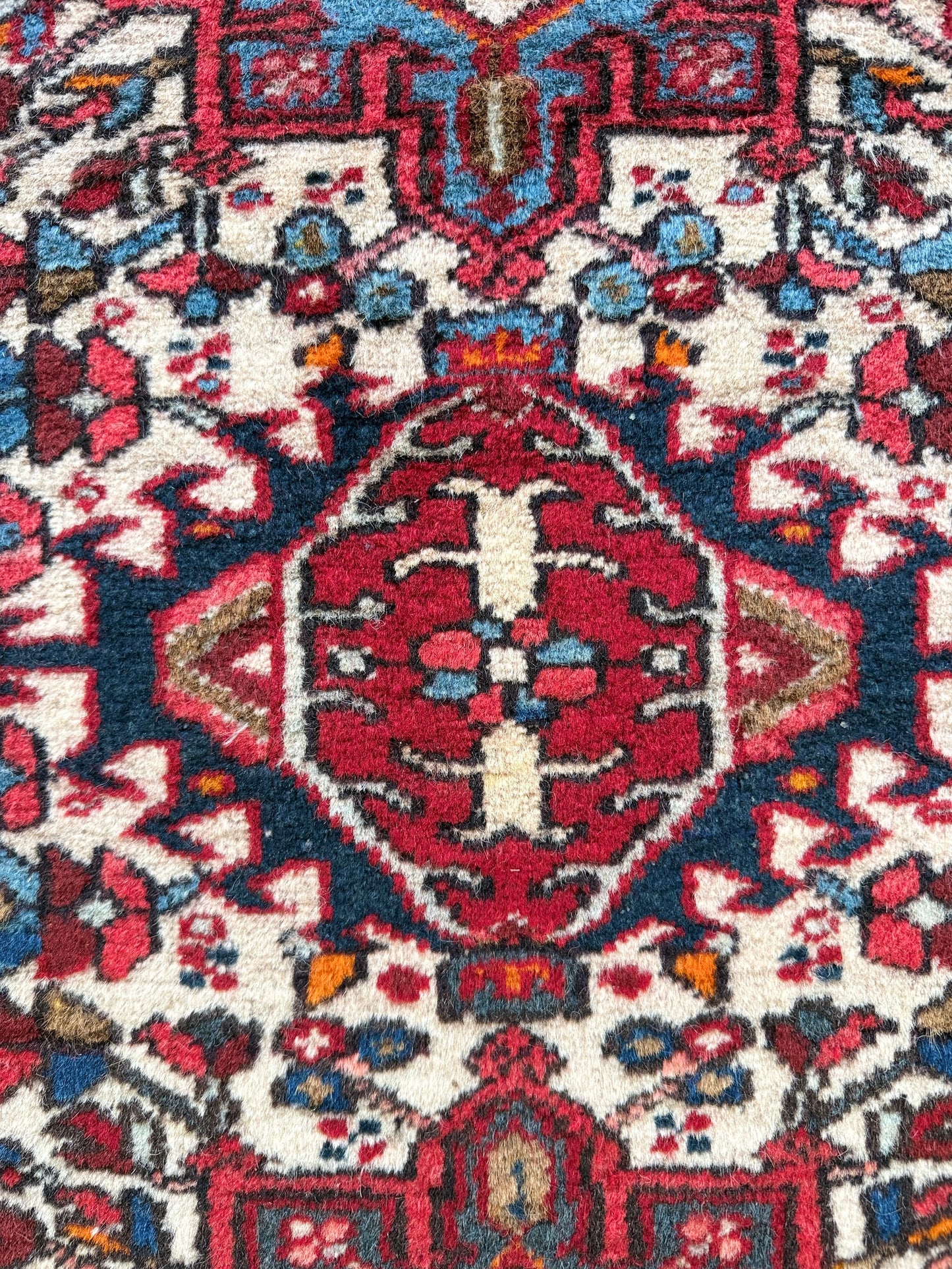 1013 | Bright & Colorful Antique Persian Karaja with Ivory Field & Deep Red Medallion | 2.0 x 2.9