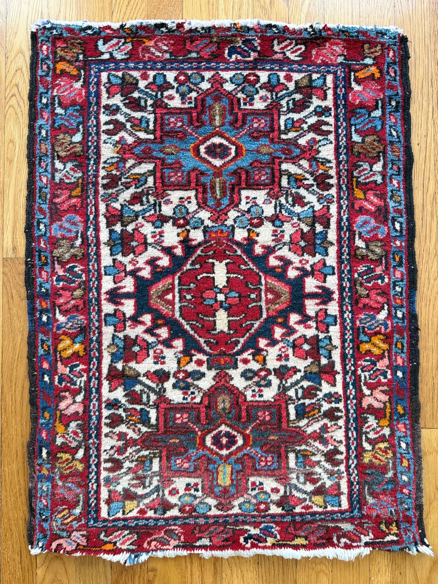 1013 | Bright & Colorful Antique Persian Karaja with Ivory Field & Deep Red Medallion | 2.0 x 2.9