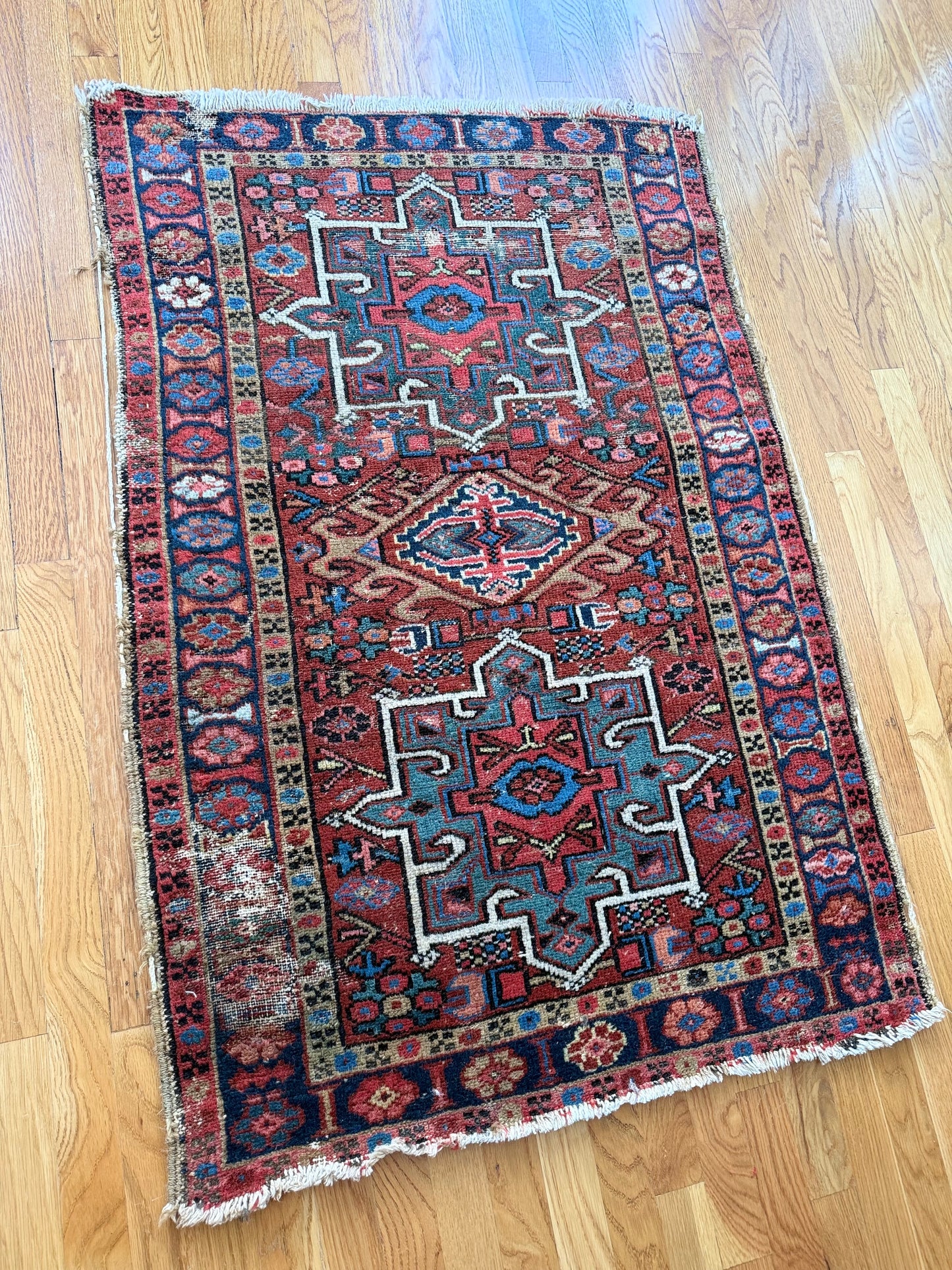 1016 | WOW - Amazing Antique Persian Karaja with Electric Blue Medallions & Colorful Tribal Borders | 2.10 x 4.3