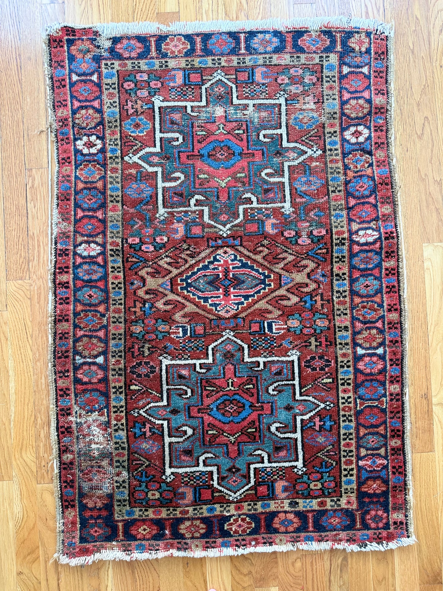 1016 | WOW - Amazing Antique Persian Karaja with Electric Blue Medallions & Colorful Tribal Borders | 2.10 x 4.3