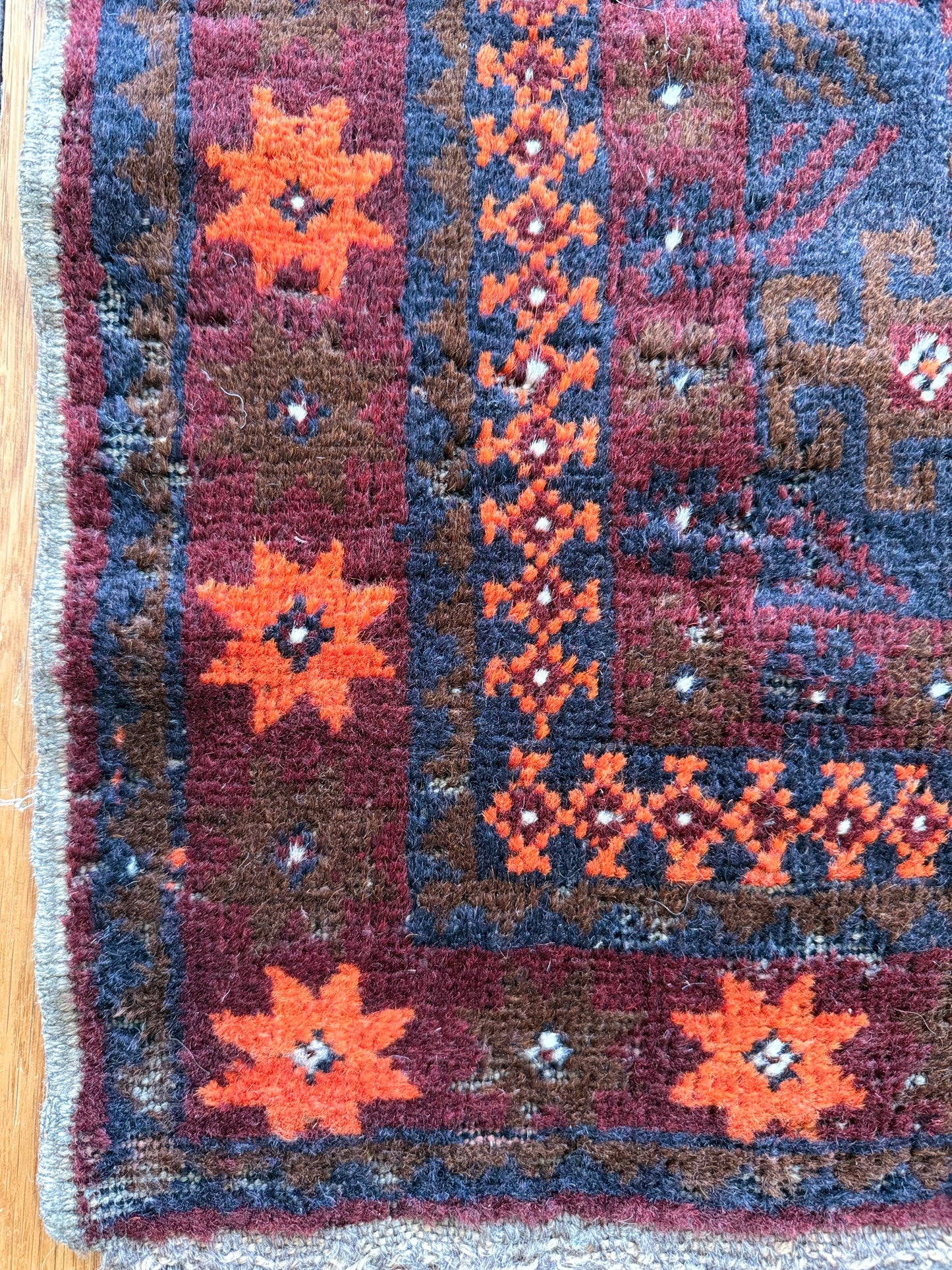 1017 | Antique Tribal Baluch with Fiery Orange Star Border & Indigo Cross Medallions | 2.9 x 3.11