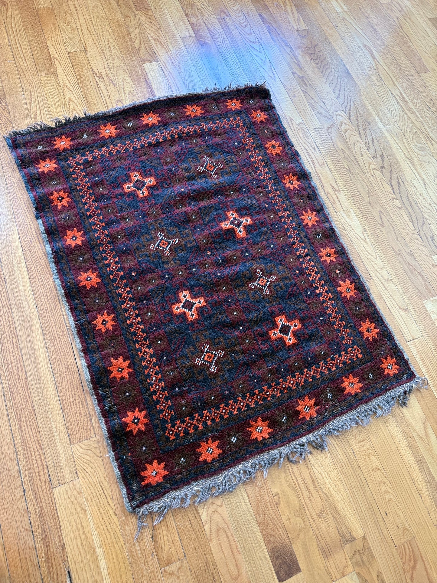 1017 | Antique Tribal Baluch with Fiery Orange Star Border & Indigo Cross Medallions | 2.9 x 3.11