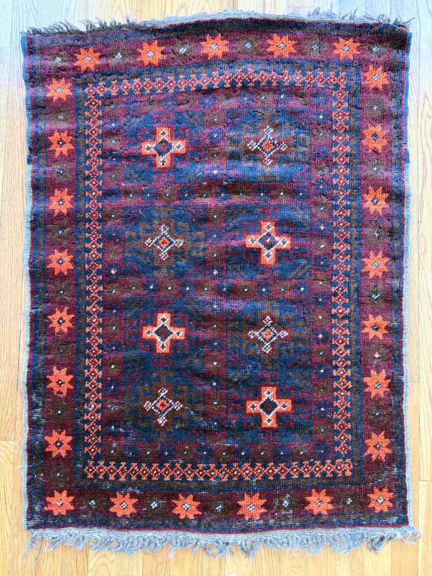 1017 | Antique Tribal Baluch with Fiery Orange Star Border & Indigo Cross Medallions | 2.9 x 3.11