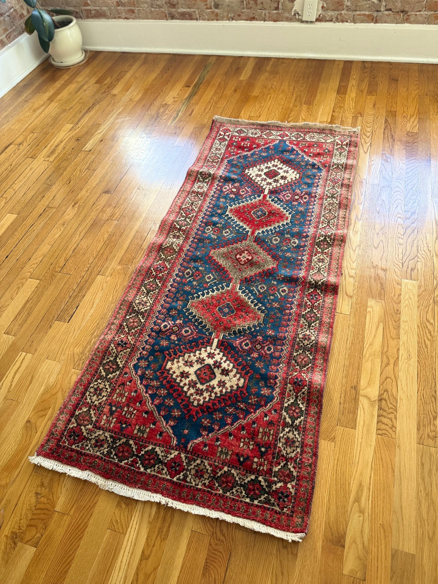 1018 | Striking Indigo Persian Runner with Diamond Medallion Chain & Crimson Herati Borders | 2.9 x 6.5