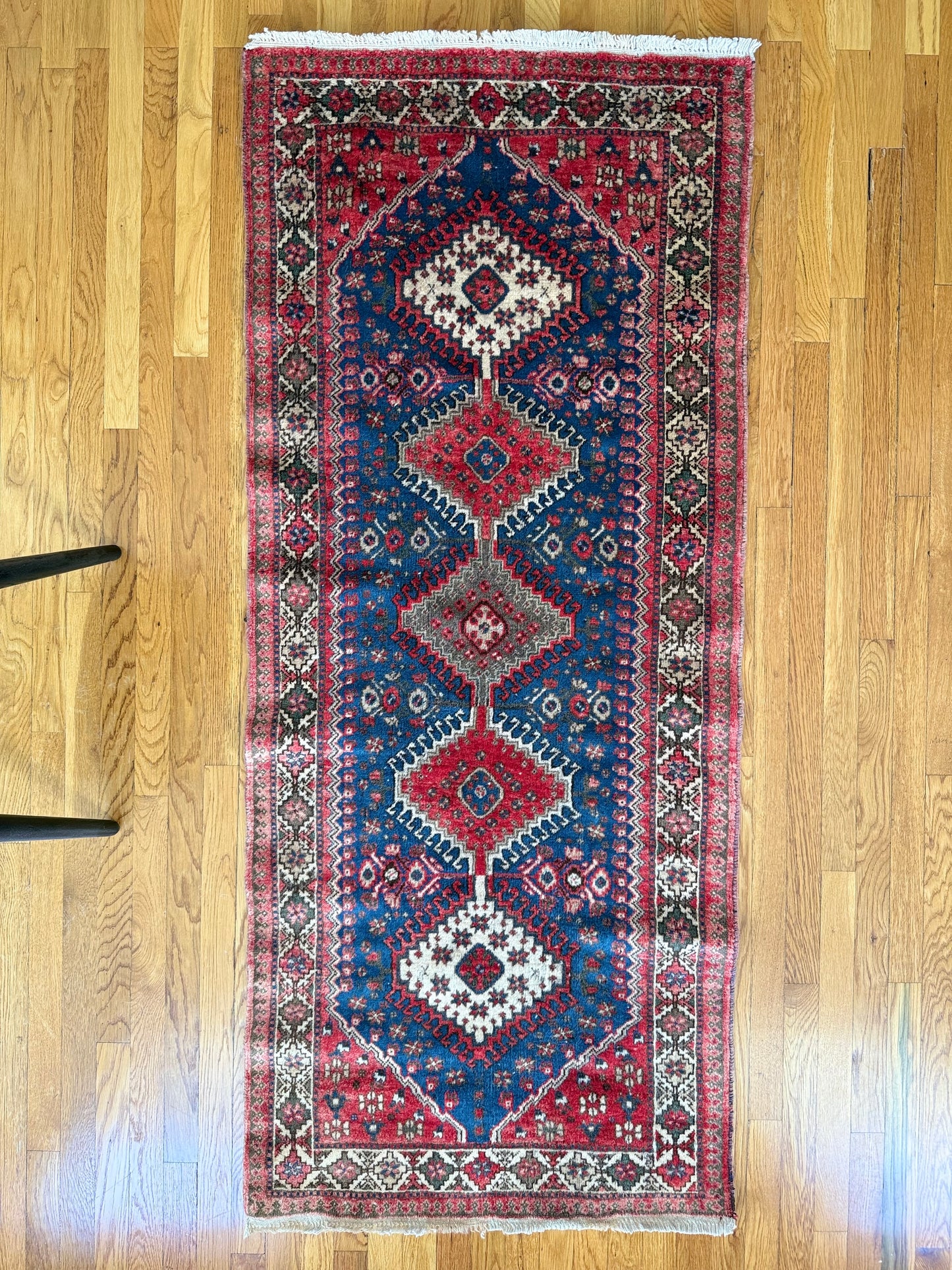 1018 | Striking Indigo Persian Runner with Diamond Medallion Chain & Crimson Herati Borders | 2.9 x 6.5