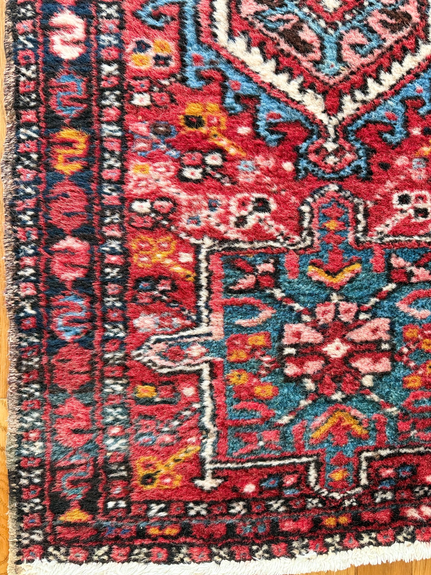 1019 | Electric Vintage Karaja Runner with Fiery Reds, Cobalt Blues & Golden Tribal Medallions | 1.11 x 5.9