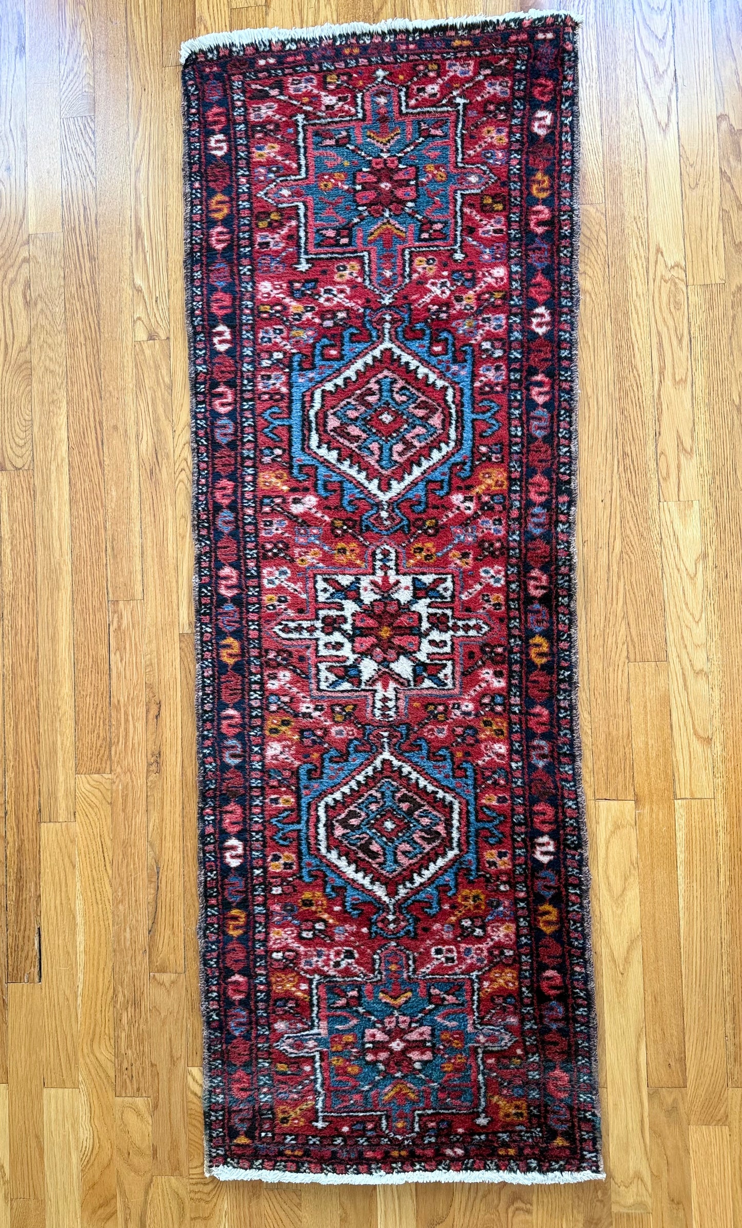 1019 | Electric Vintage Karaja Runner with Fiery Reds, Cobalt Blues & Golden Tribal Medallions | 1.11 x 5.9