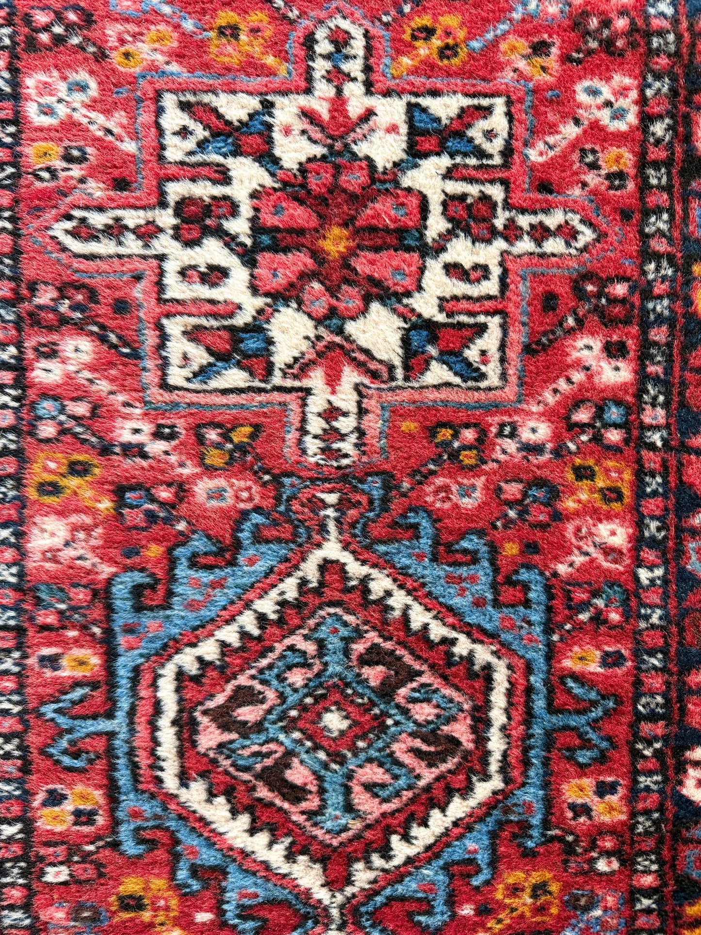 1019 | Electric Vintage Karaja Runner with Fiery Reds, Cobalt Blues & Golden Tribal Medallions | 1.11 x 5.9