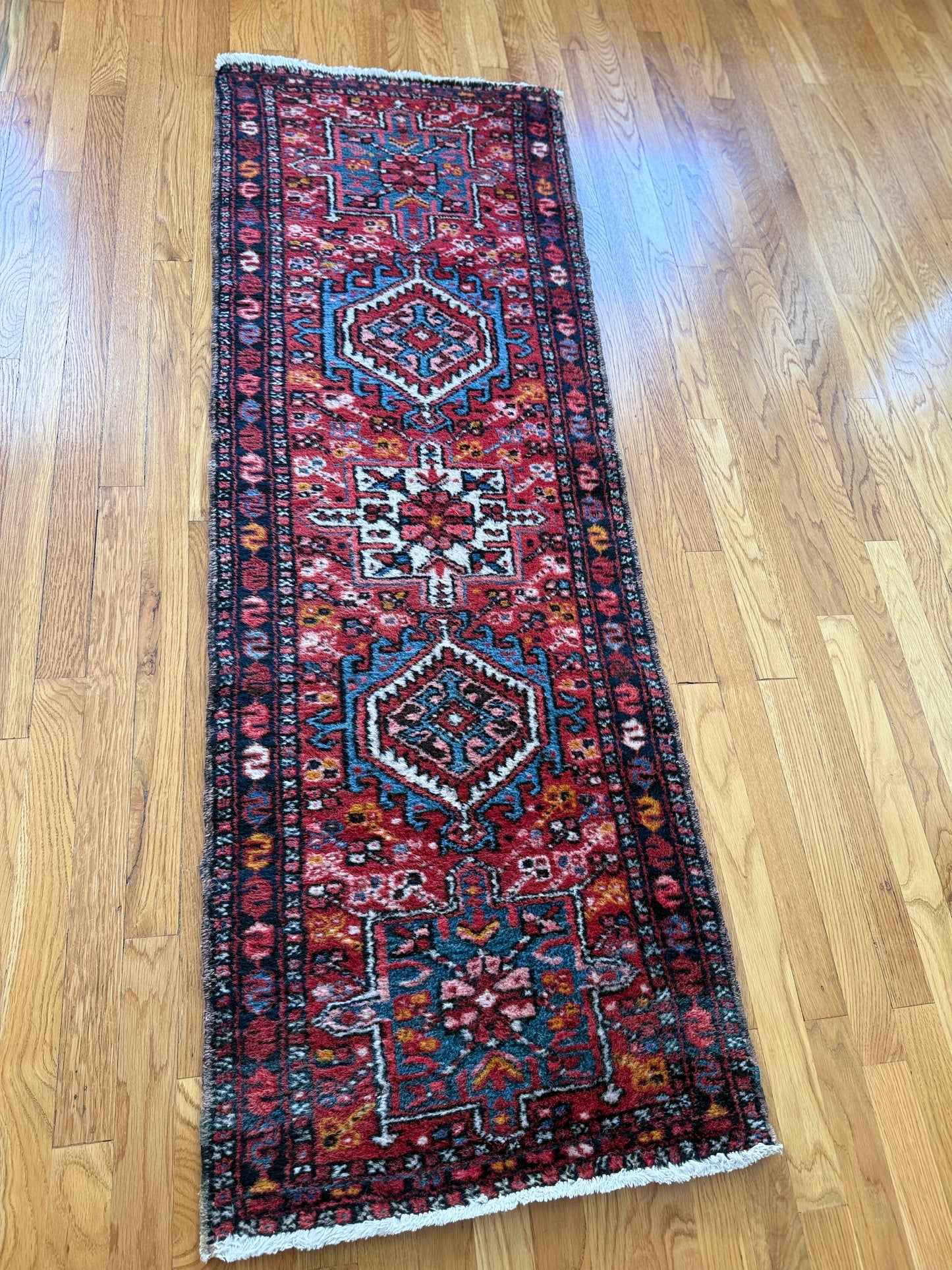 1019 | Electric Vintage Karaja Runner with Fiery Reds, Cobalt Blues & Golden Tribal Medallions | 1.11 x 5.9