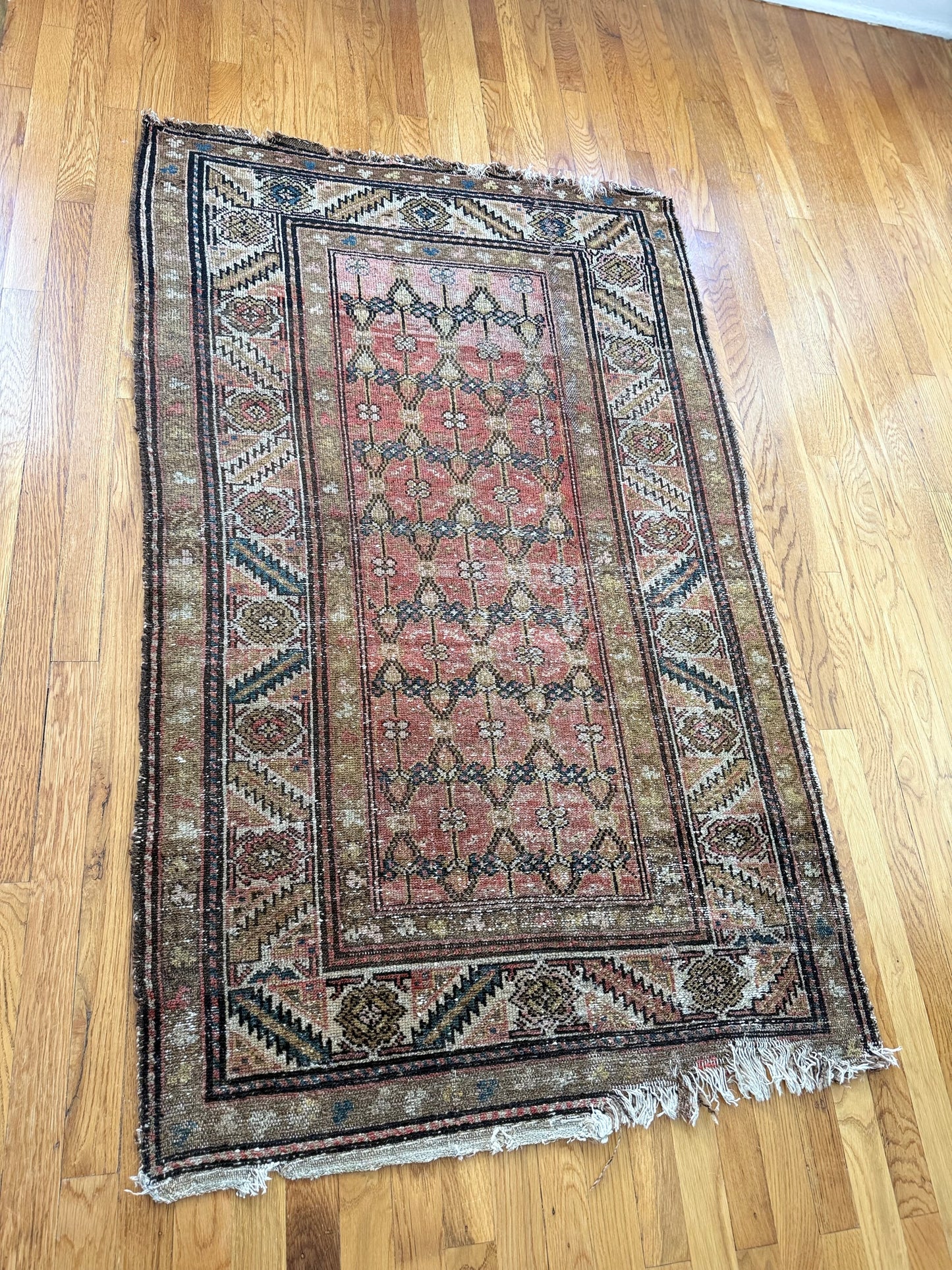 1020 | Antique 1910 Kazak with Brick-Red Lattice Field & Bold Tribal Diamond Medallions | 3.2 x 5.3