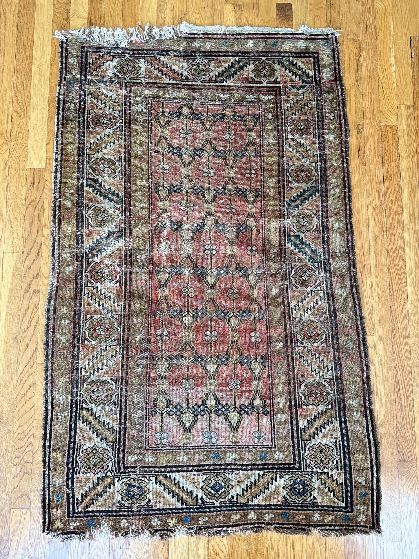 1020 | Antique 1910 Kazak with Brick-Red Lattice Field & Bold Tribal Diamond Medallions | 3.2 x 5.3