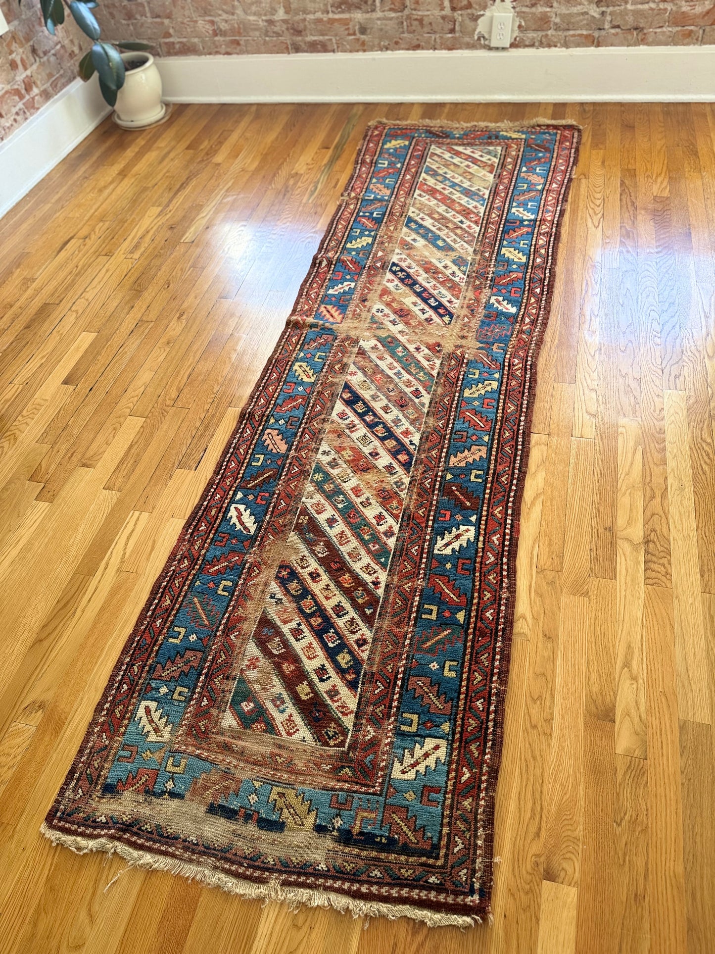 1021 | SPECTACULAR Antique Kurdish Runner with Indigo Stripes, Tribal Geometry & Century-Old Patina | 2.9 x 9.7