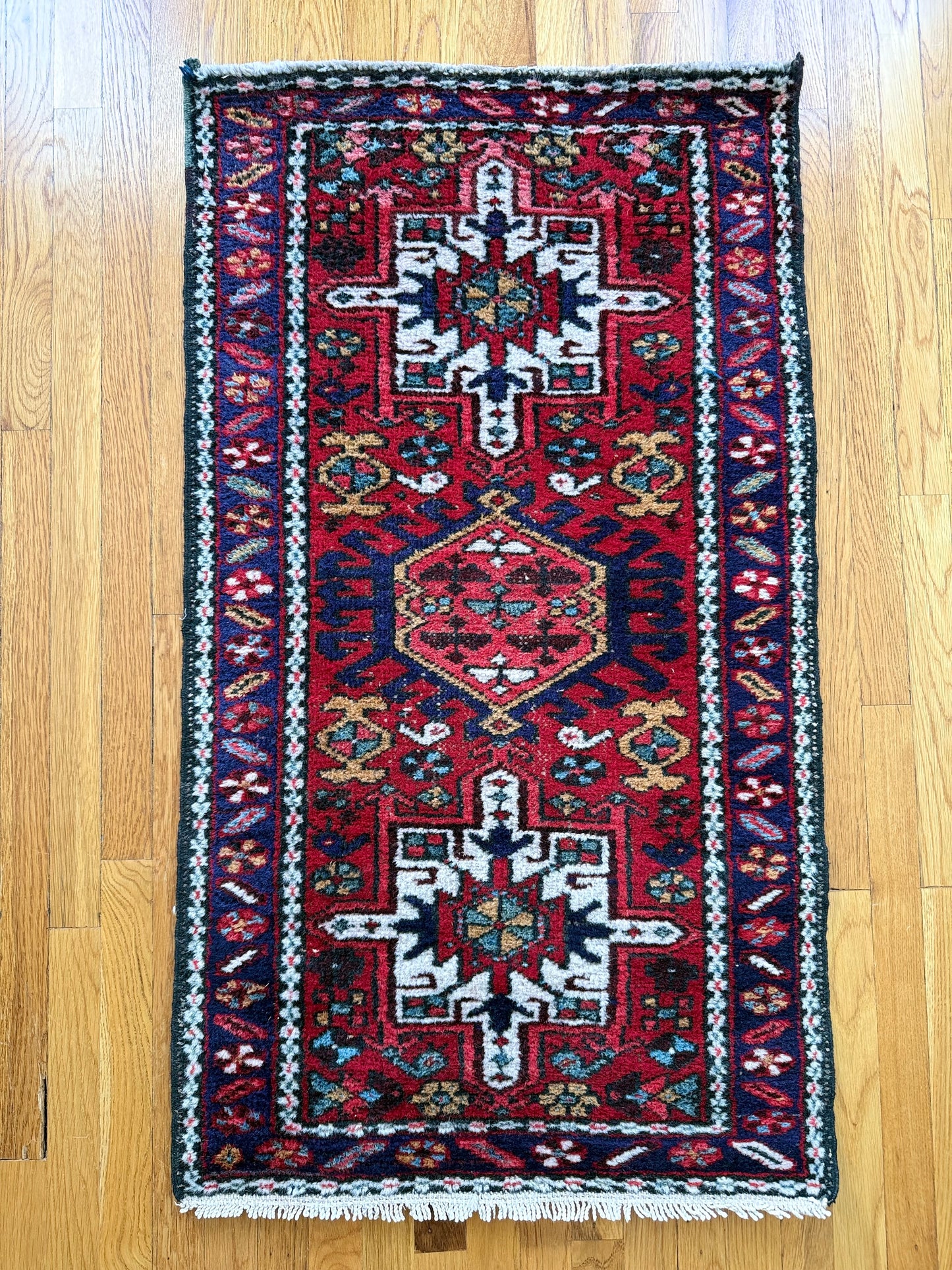 1023 | MINT 1930's Persian Karaja with Electric Reds, Sapphire Blues & Jewel-Toned Medallions | 2.5 x 4.3