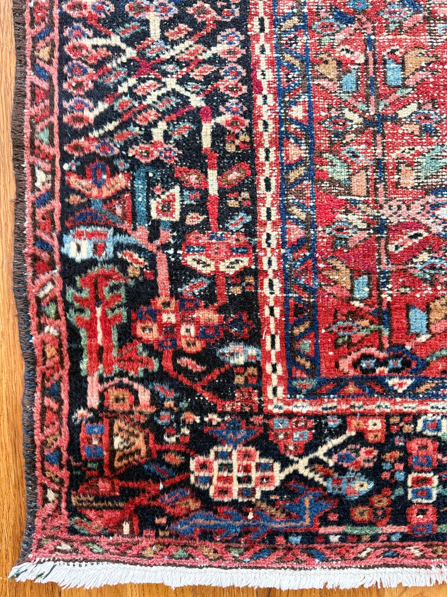 1024 | Ridiculously Good 1920's Persian Karaja with Monumental Ivory Medallion & Fiery Tribal Geometry | 3.4 x 4.1