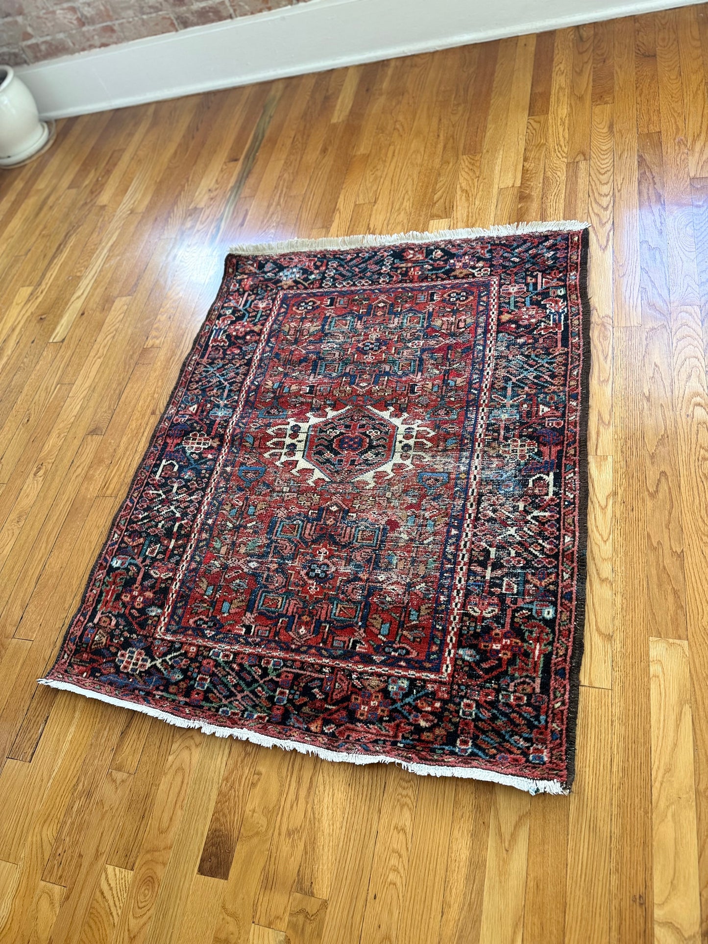 1024 | Ridiculously Good 1920's Persian Karaja with Monumental Ivory Medallion & Fiery Tribal Geometry | 3.4 x 4.1