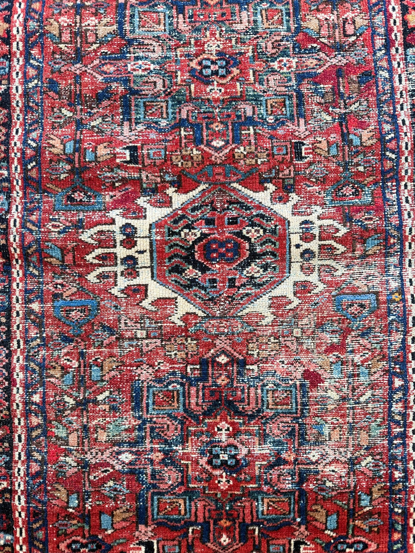 1024 | Ridiculously Good 1920's Persian Karaja with Monumental Ivory Medallion & Fiery Tribal Geometry | 3.4 x 4.1