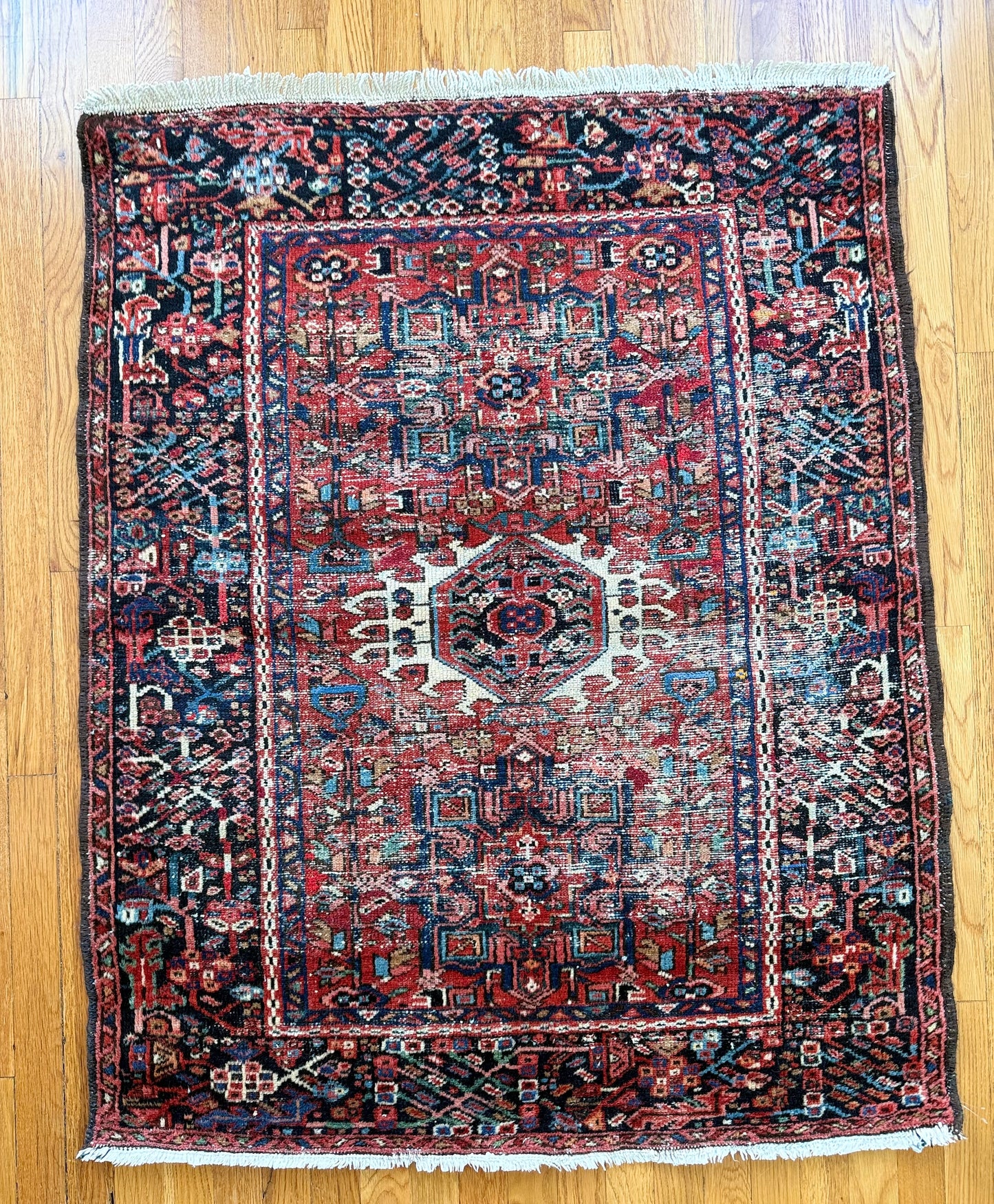 1024 | Ridiculously Good 1920's Persian Karaja with Monumental Ivory Medallion & Fiery Tribal Geometry | 3.4 x 4.1