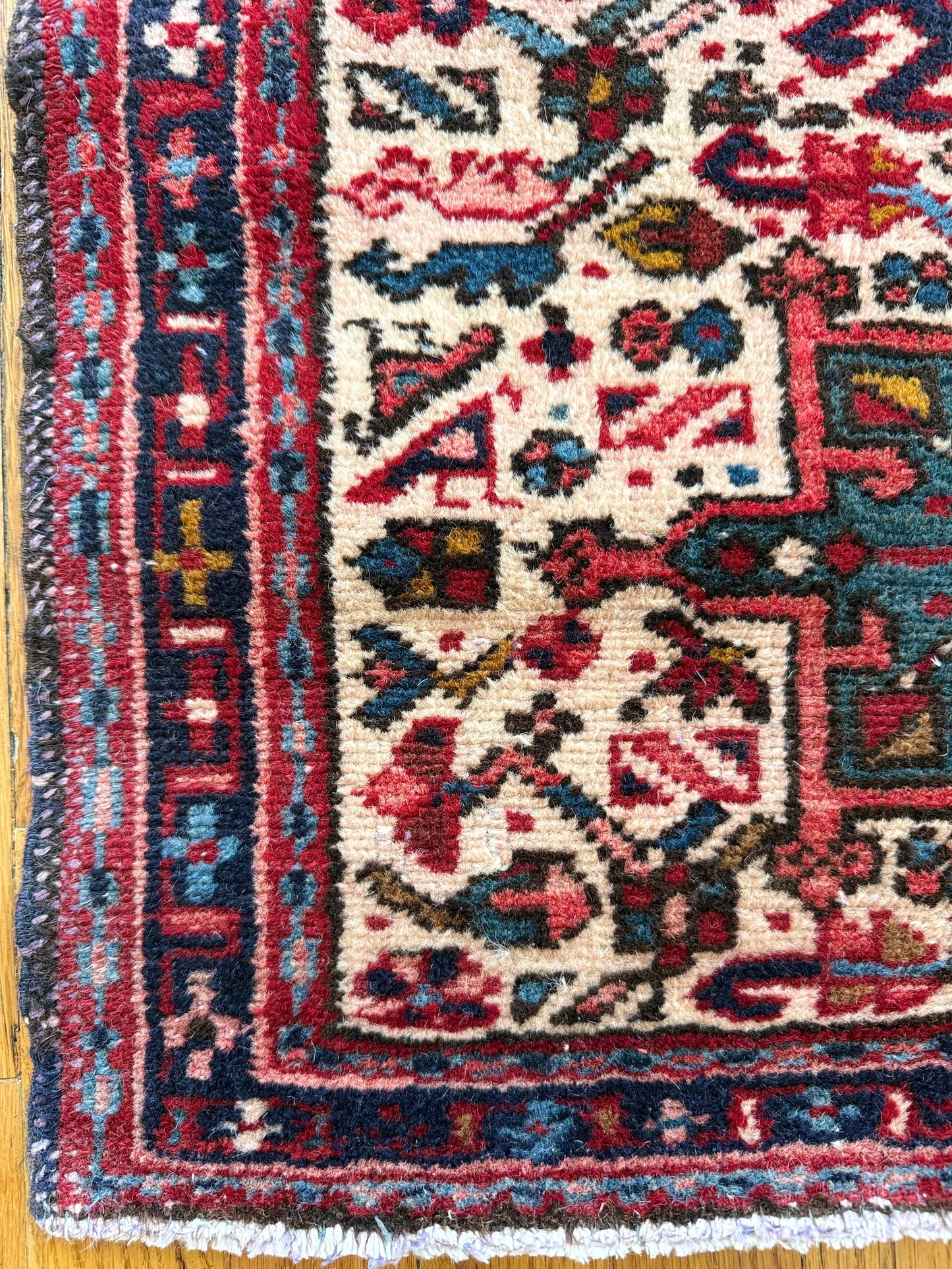 1025 | Sooo Good 1930's Ivory-Ground Karaja with Triple Tribal Medallions | 2.1 x 2.11