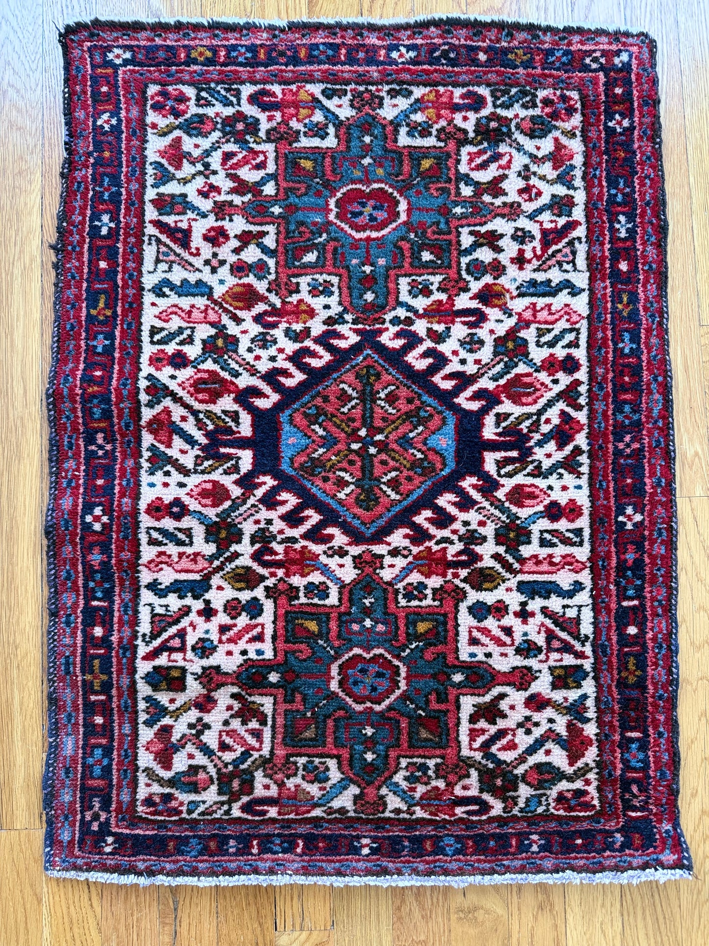 1025 | Sooo Good 1930's Ivory-Ground Karaja with Triple Tribal Medallions | 2.1 x 2.11