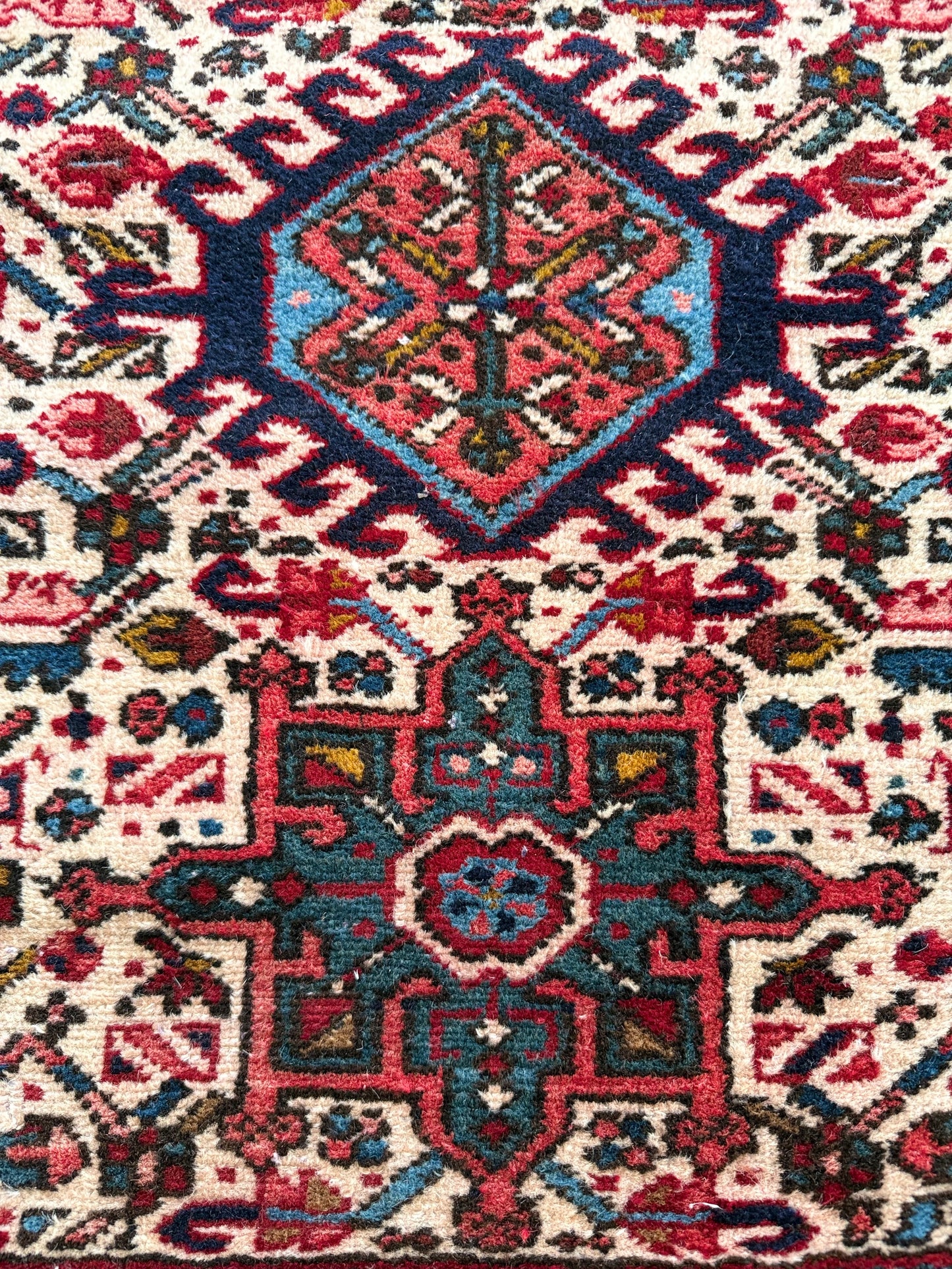 1025 | Sooo Good 1930's Ivory-Ground Karaja with Triple Tribal Medallions | 2.1 x 2.11