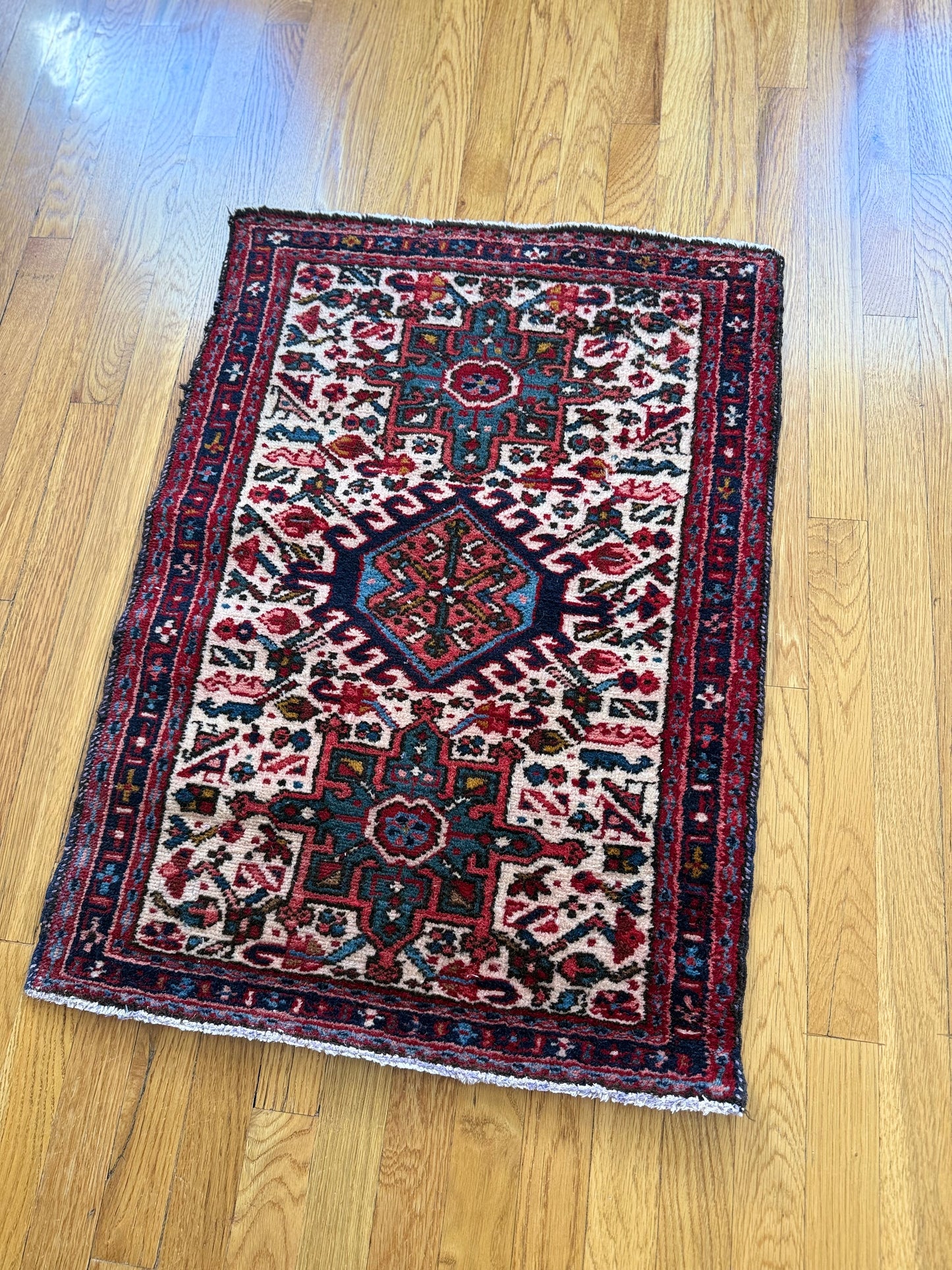 1025 | Sooo Good 1930's Ivory-Ground Karaja with Triple Tribal Medallions | 2.1 x 2.11