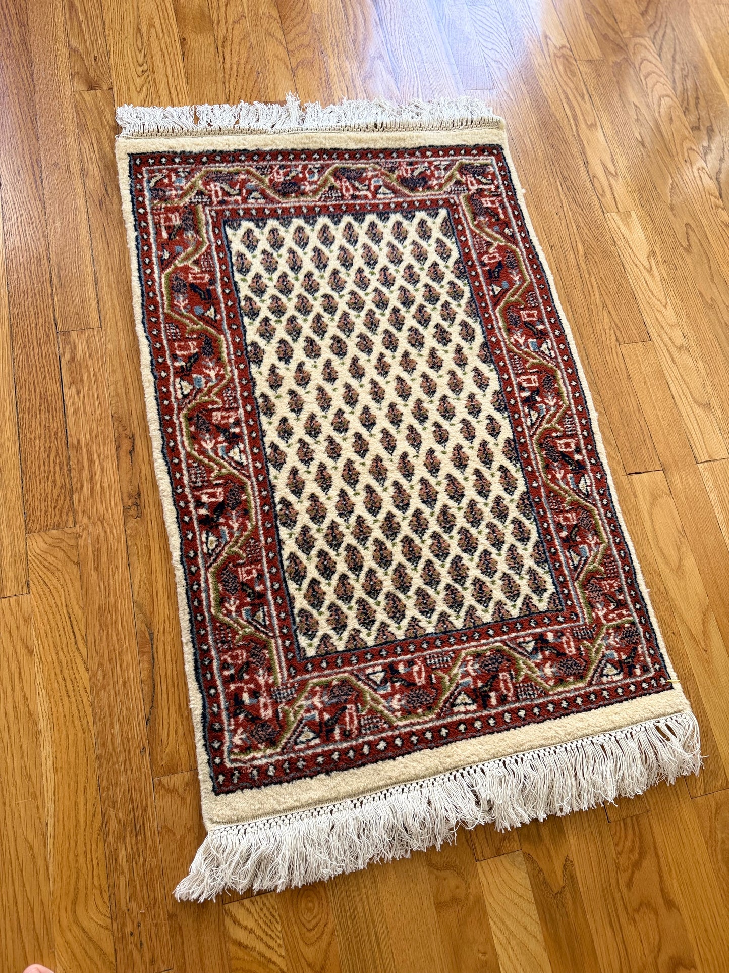 1028 | Charming Vintage Bokhara-Style Rug with Ivory Field & Deep Brick Red Border | 2.1 x 3.1