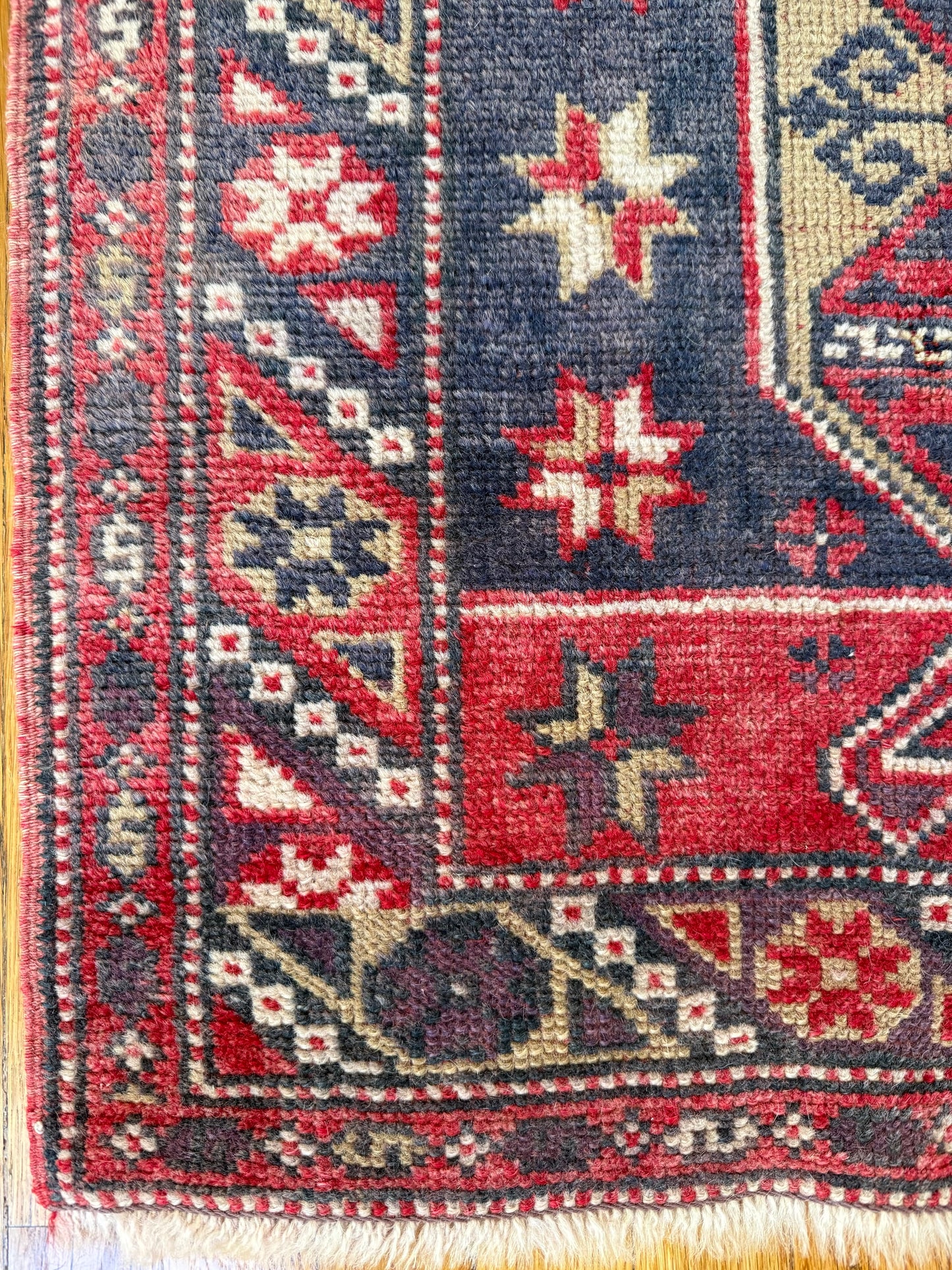 1029 | Dangerously Good Antique Tribal Runner with Inky Navy Field & Electric Crimson Geometry | 2.5 x 7.7
