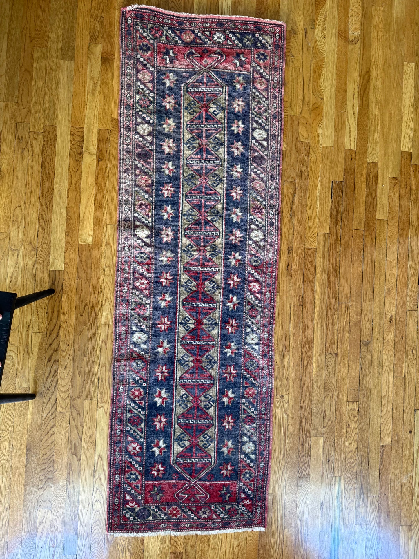1029 | Dangerously Good Antique Tribal Runner with Inky Navy Field & Electric Crimson Geometry | 2.5 x 7.7