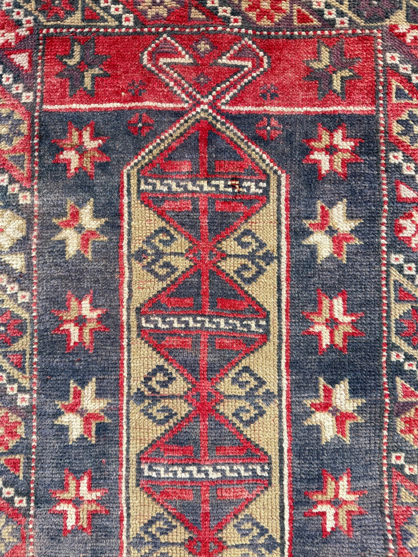 1029 | Dangerously Good Antique Tribal Runner with Inky Navy Field & Electric Crimson Geometry | 2.5 x 7.7