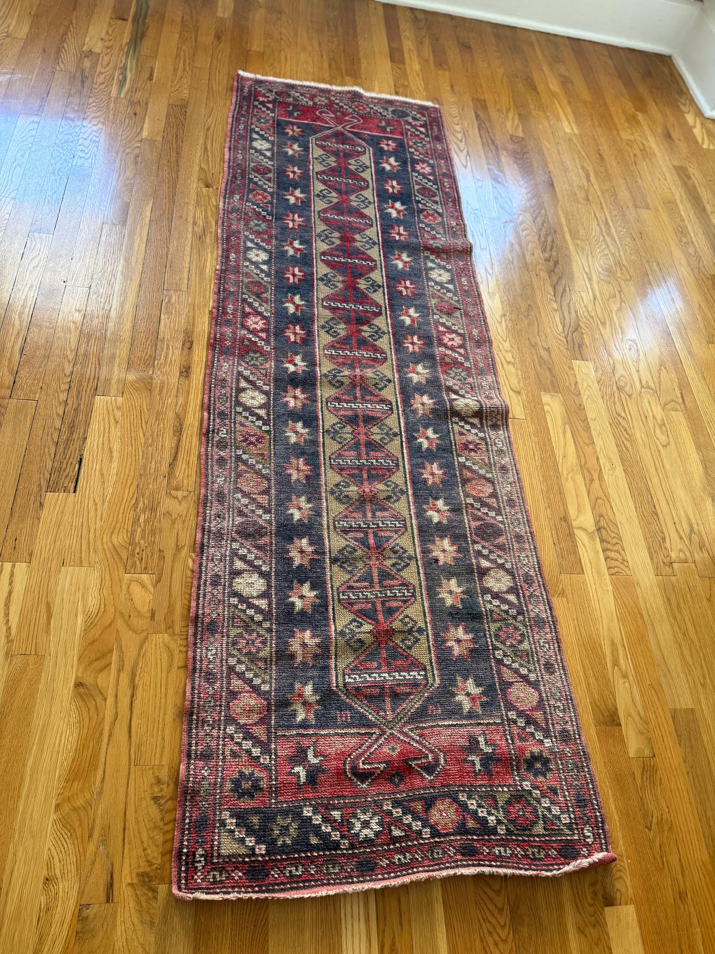 1029 | Dangerously Good Antique Tribal Runner with Inky Navy Field & Electric Crimson Geometry | 2.5 x 7.7