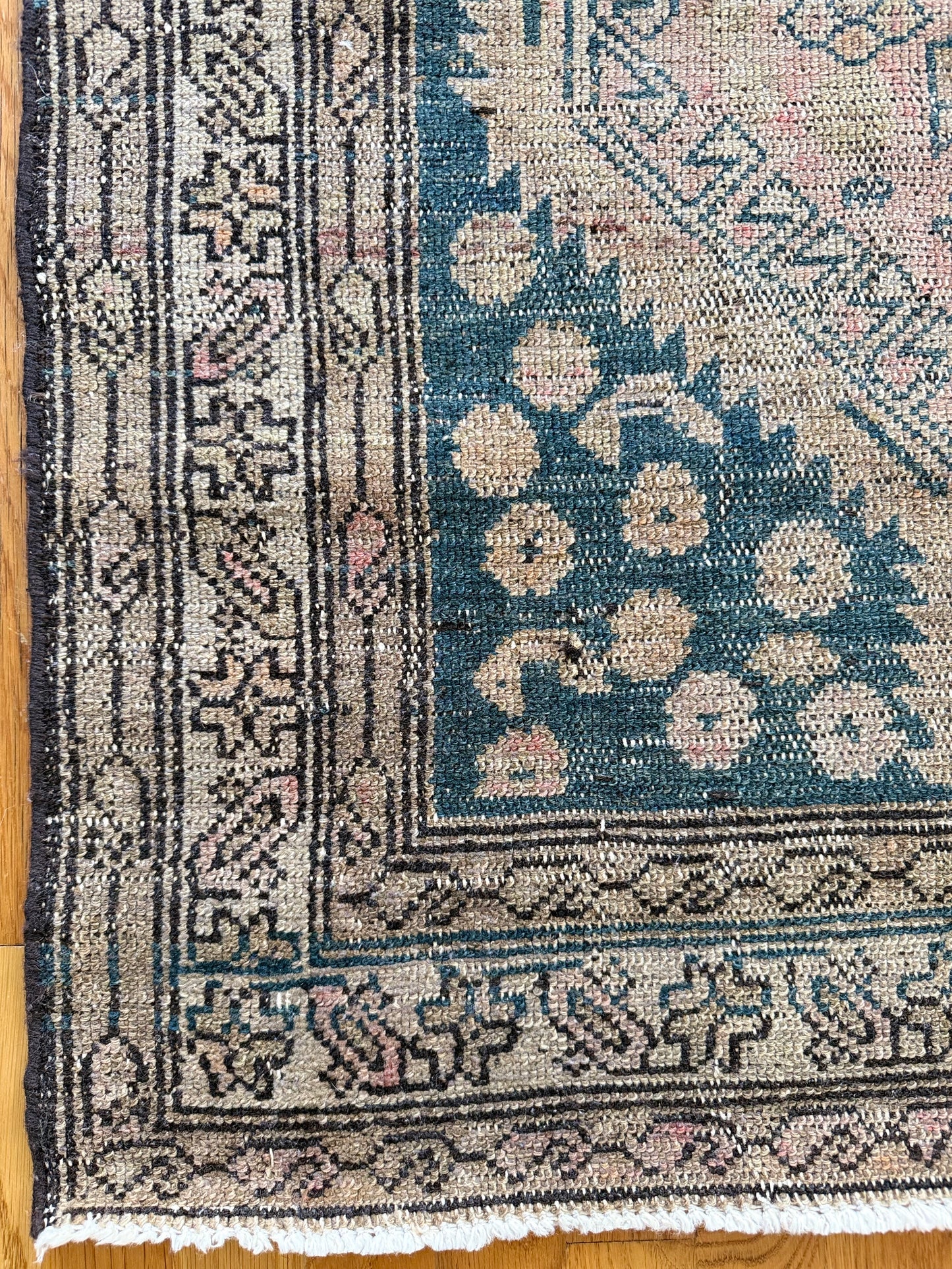 1031 | Offensively Pretty Antique Village Runner in Faded Teal & Blush | 2.11 x 5.2