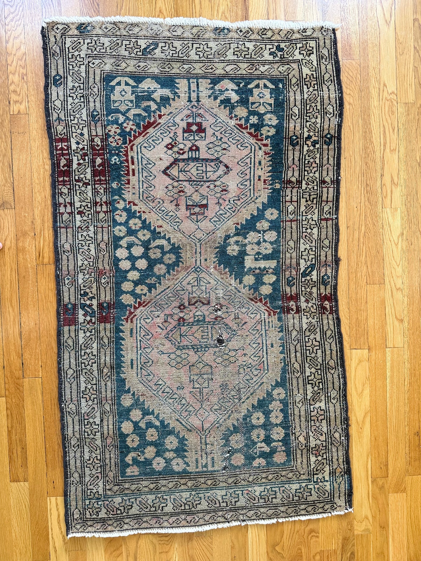 1031 | Offensively Pretty Antique Village Runner in Faded Teal & Blush | 2.11 x 5.2