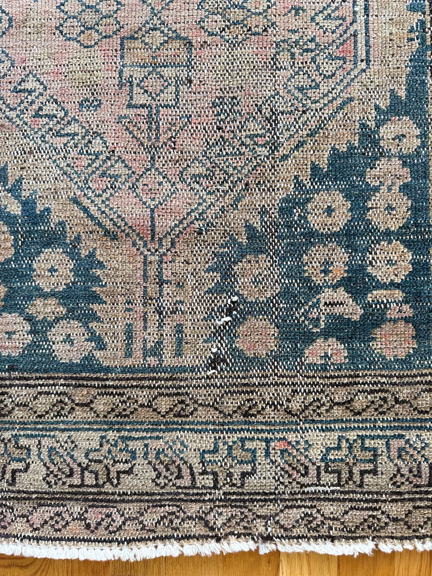 1031 | Offensively Pretty Antique Village Runner in Faded Teal & Blush | 2.11 x 5.2