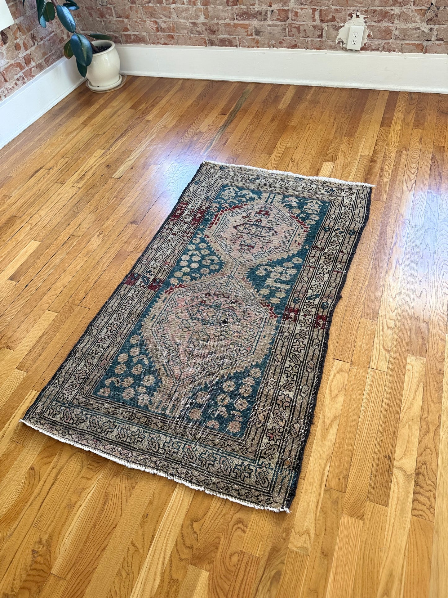 1031 | Offensively Pretty Antique Village Runner in Faded Teal & Blush | 2.11 x 5.2