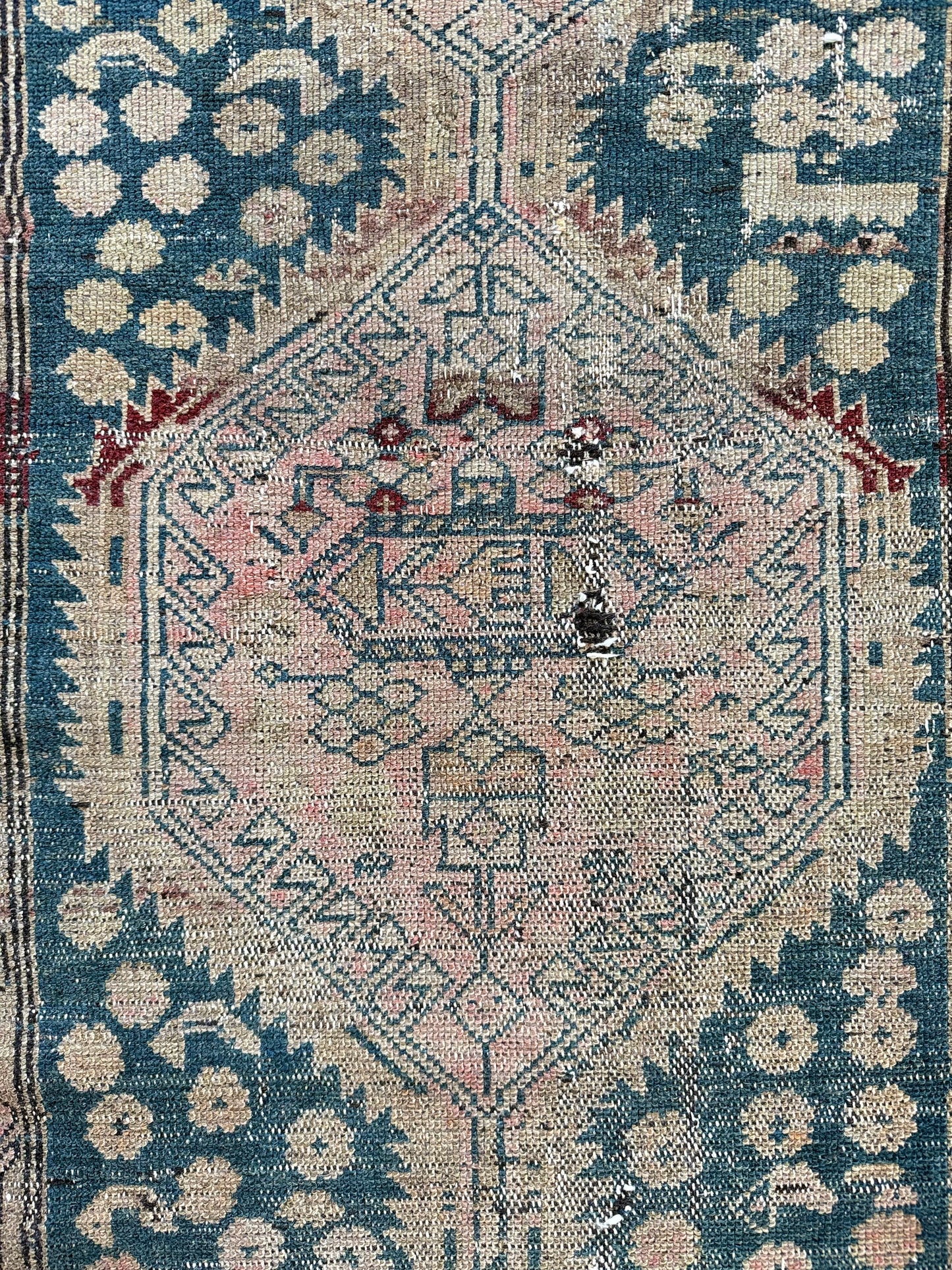 1031 | Offensively Pretty Antique Village Runner in Faded Teal & Blush | 2.11 x 5.2