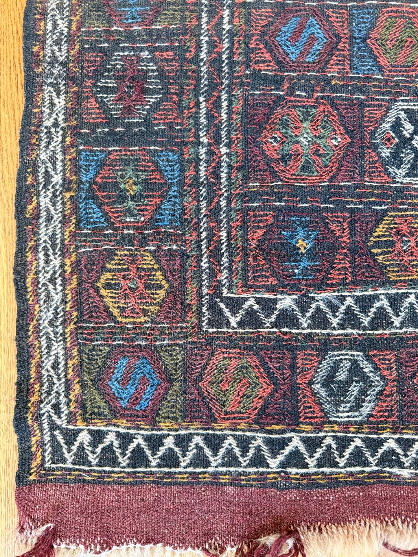 1032 | Obscenely Good Antique Soumak with Saturated Jewel-Tone Geometry | 3.2 x 5.11