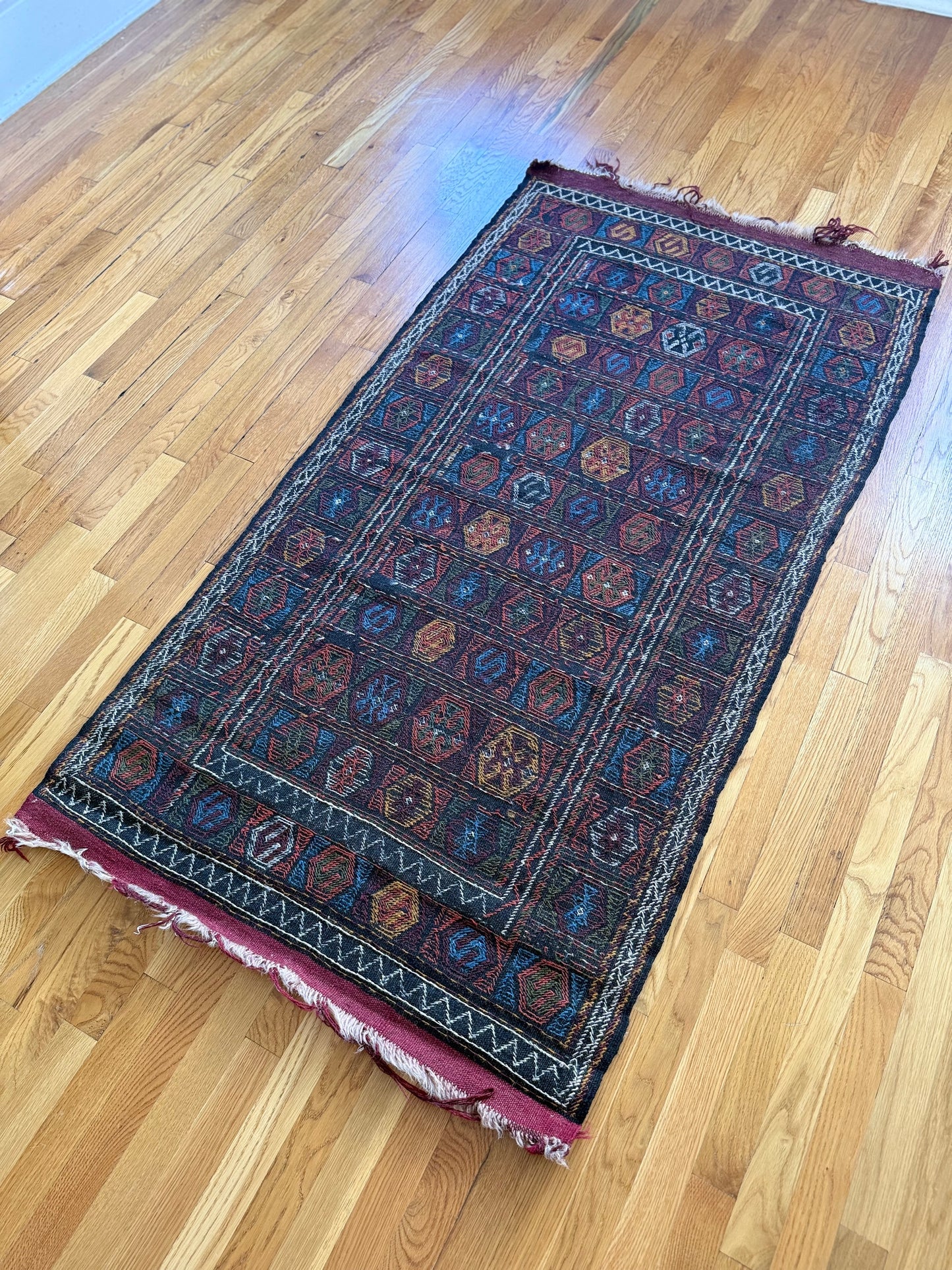 1032 | Obscenely Good Antique Soumak with Saturated Jewel-Tone Geometry | 3.2 x 5.11