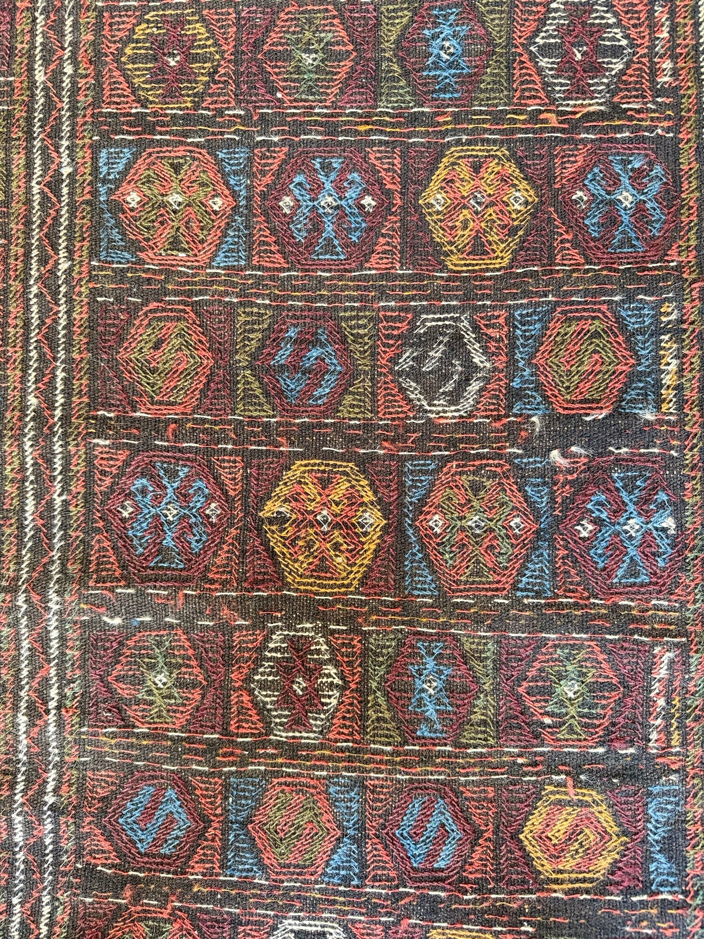 1032 | Obscenely Good Antique Soumak with Saturated Jewel-Tone Geometry | 3.2 x 5.11