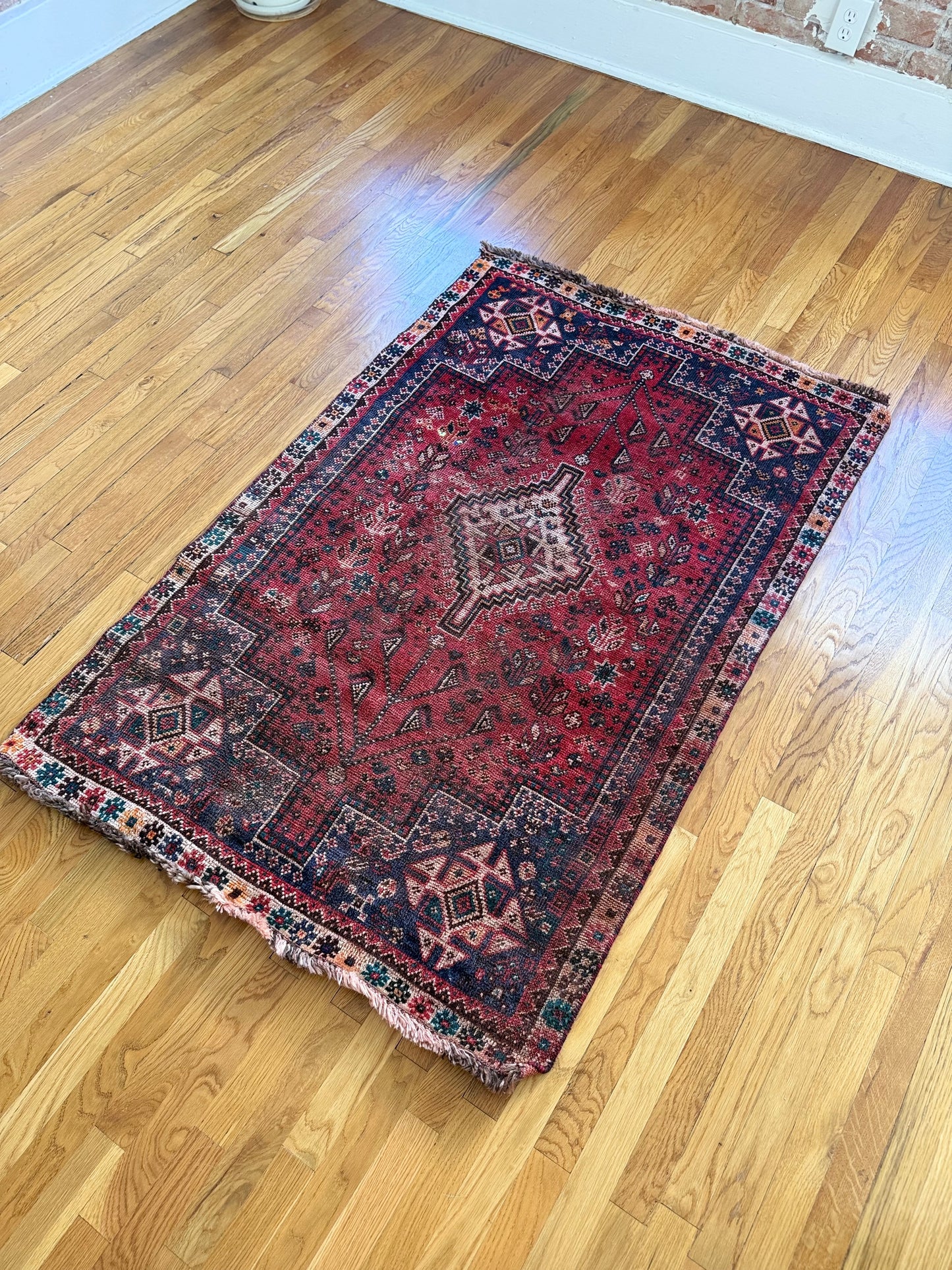 1034 | Rude Little Antique Tribal Rug in Lipstick Red & Midnight Navy | 3.5 x 5.3