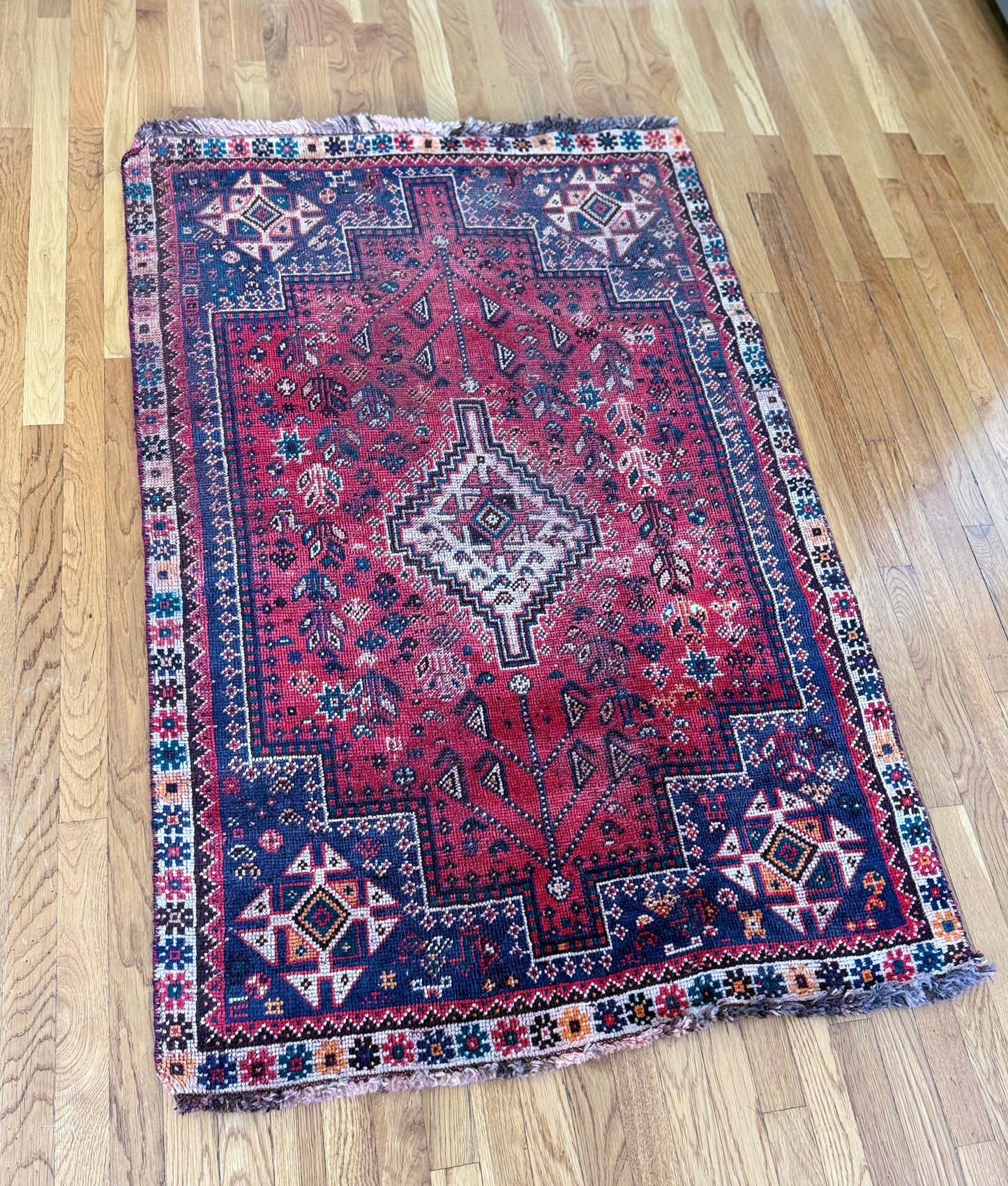 1034 | Rude Little Antique Tribal Rug in Lipstick Red & Midnight Navy | 3.5 x 5.3